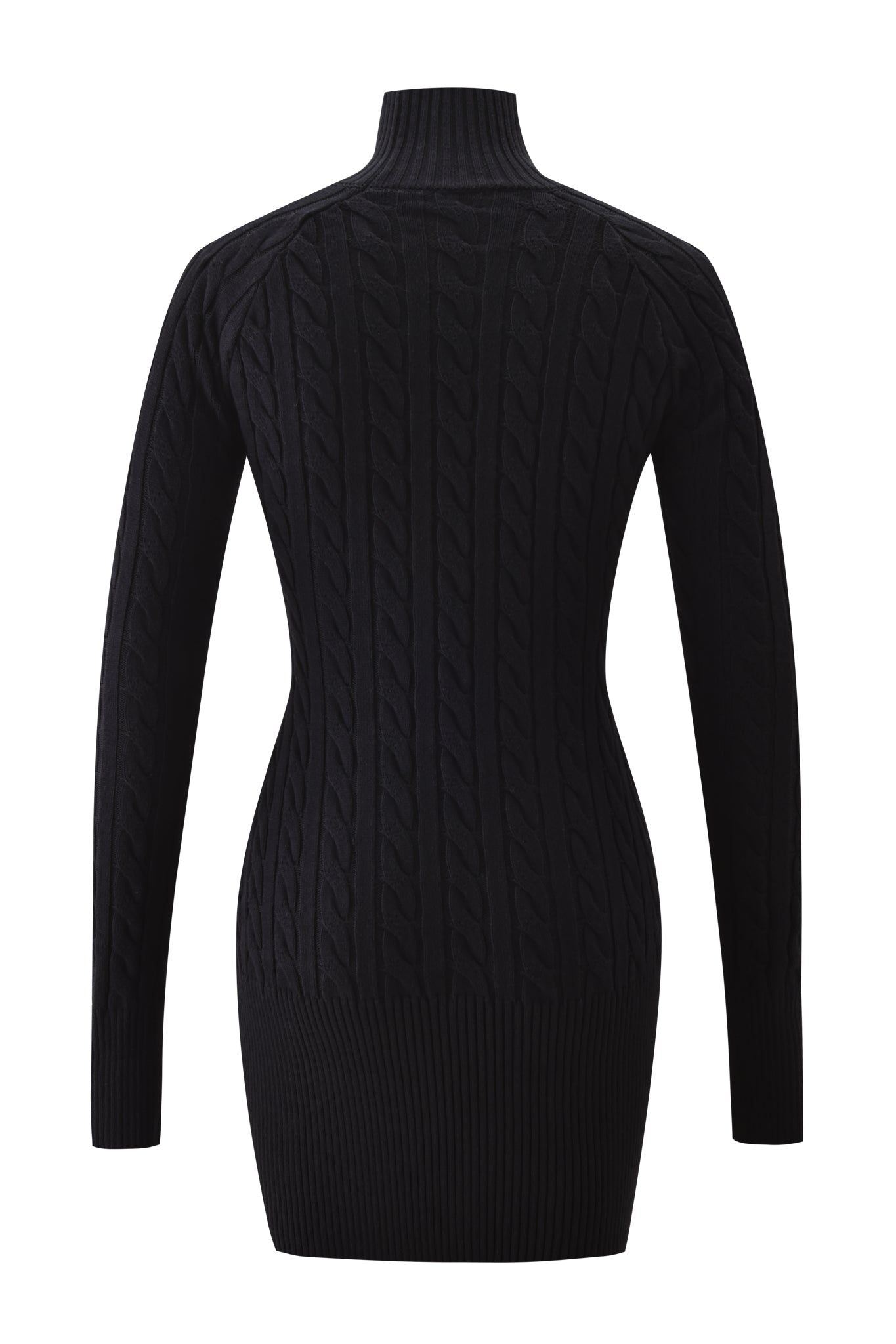 The I.AM.GIA CORTINA MINI DRESS in black features long sleeves, ribbed cable knit fabric, and a mock turtleneck, displayed from the back against a white background.