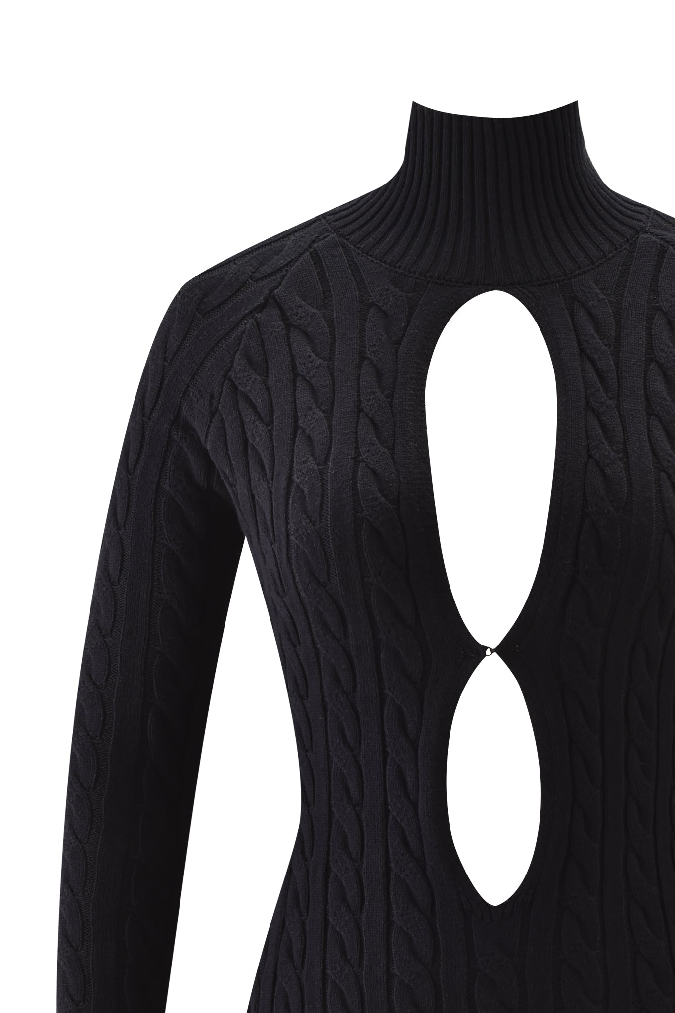 The I.AM.GIA CORTINA MINI DRESS in black is a long-sleeve, cable knit mini dress with a ribbed turtleneck and two bold oval cutouts on the chest and midriff for a striking, modern style.