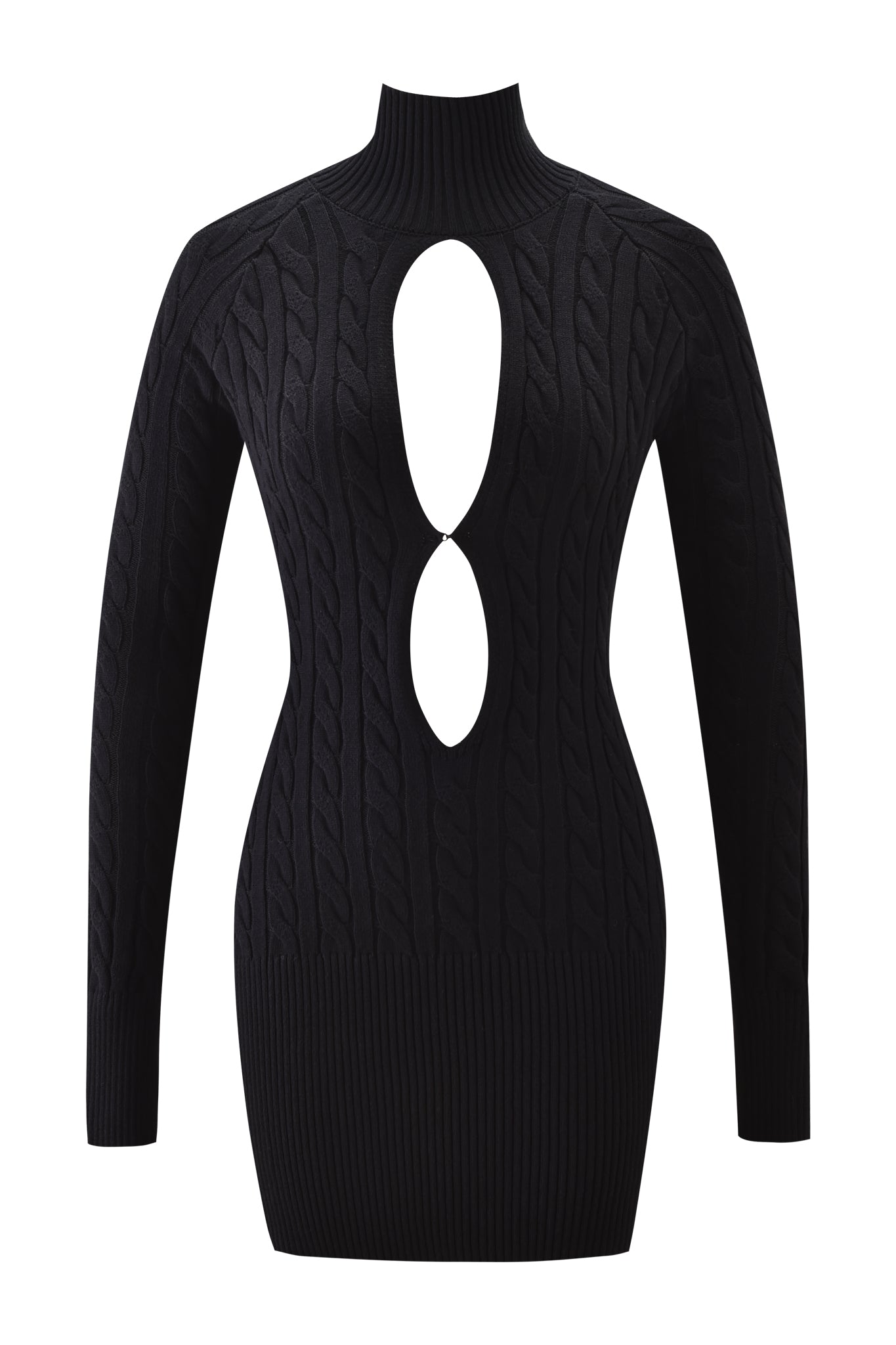 The CORTINA MINI DRESS - BLACK by I.AM.GIA is a long-sleeved, ribbed bodycon dress with a high turtleneck and two bold teardrop cutouts on the chest and upper torso.
