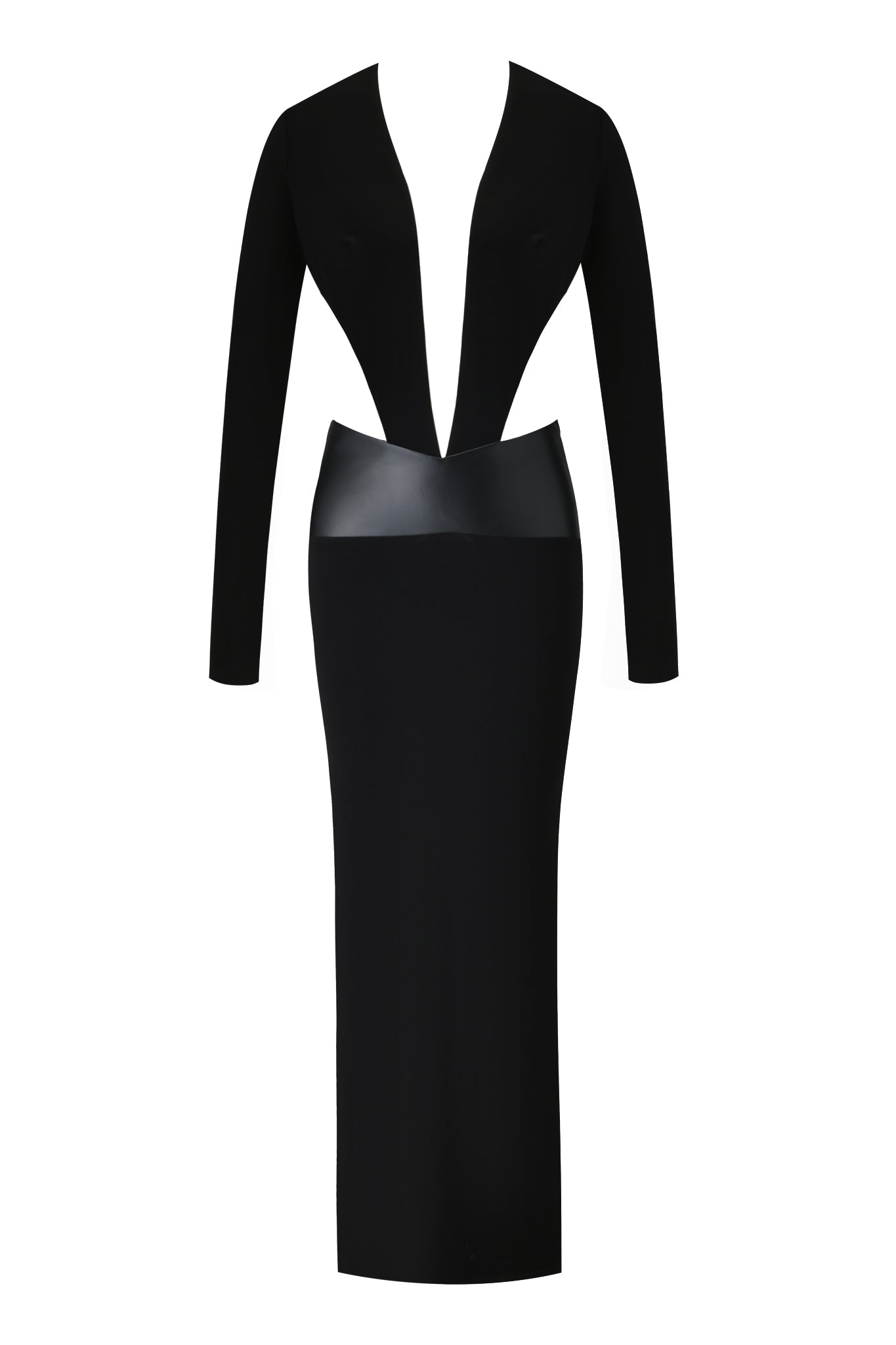 The I.AM.GIA CARMINA MAXI DRESS - BLACK is a long-sleeved, form-fitting bodycon dress with a deep plunge neckline, glossy faux leather waistband, and modern, elegant design that falls to mid-calf.