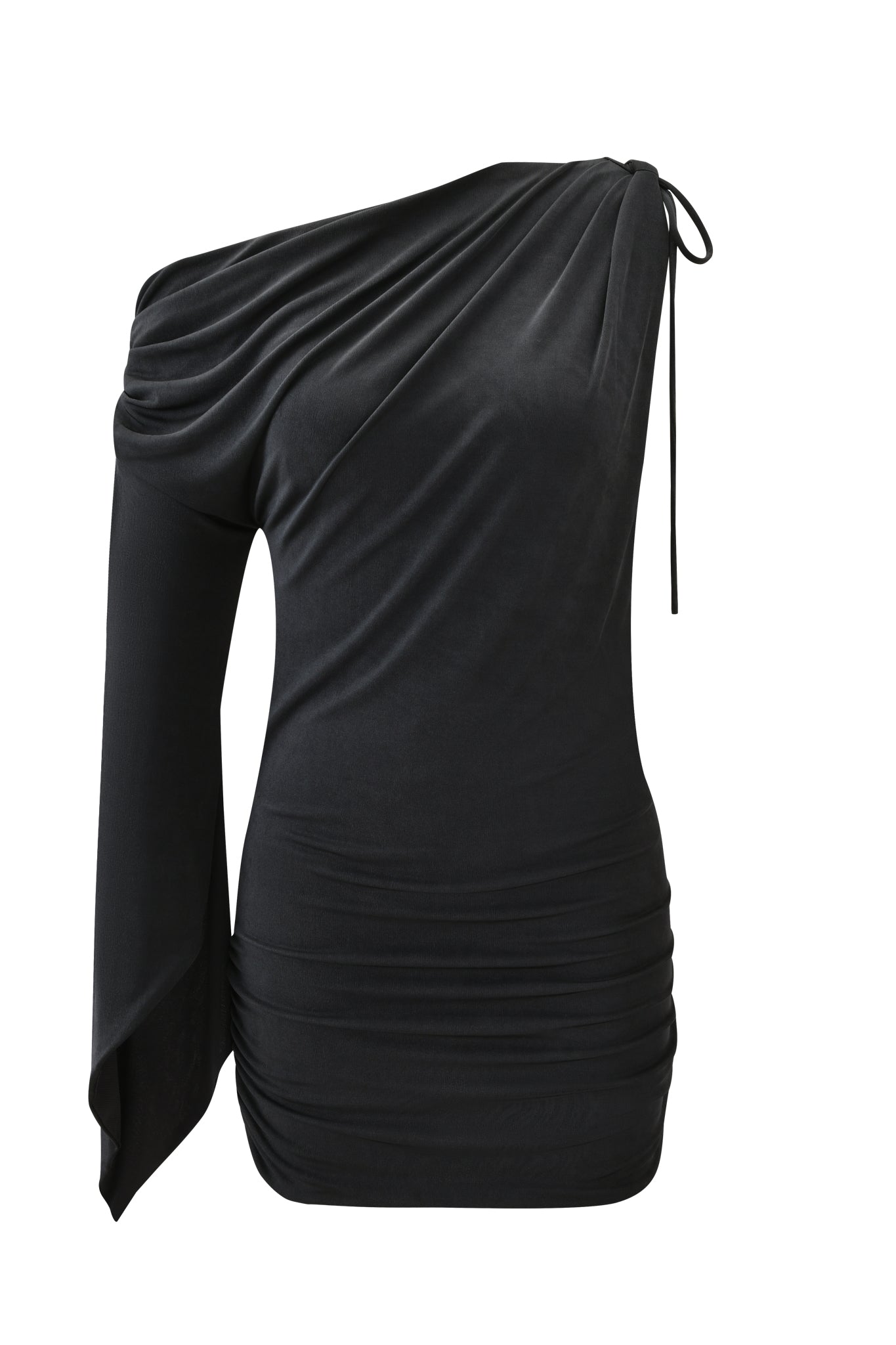 The I.AM.GIA JOLIE MINI DRESS in Steel features an asymmetrical design with a left long sleeve, draped fabric, gathered waist, and a tie at the right shoulder.
