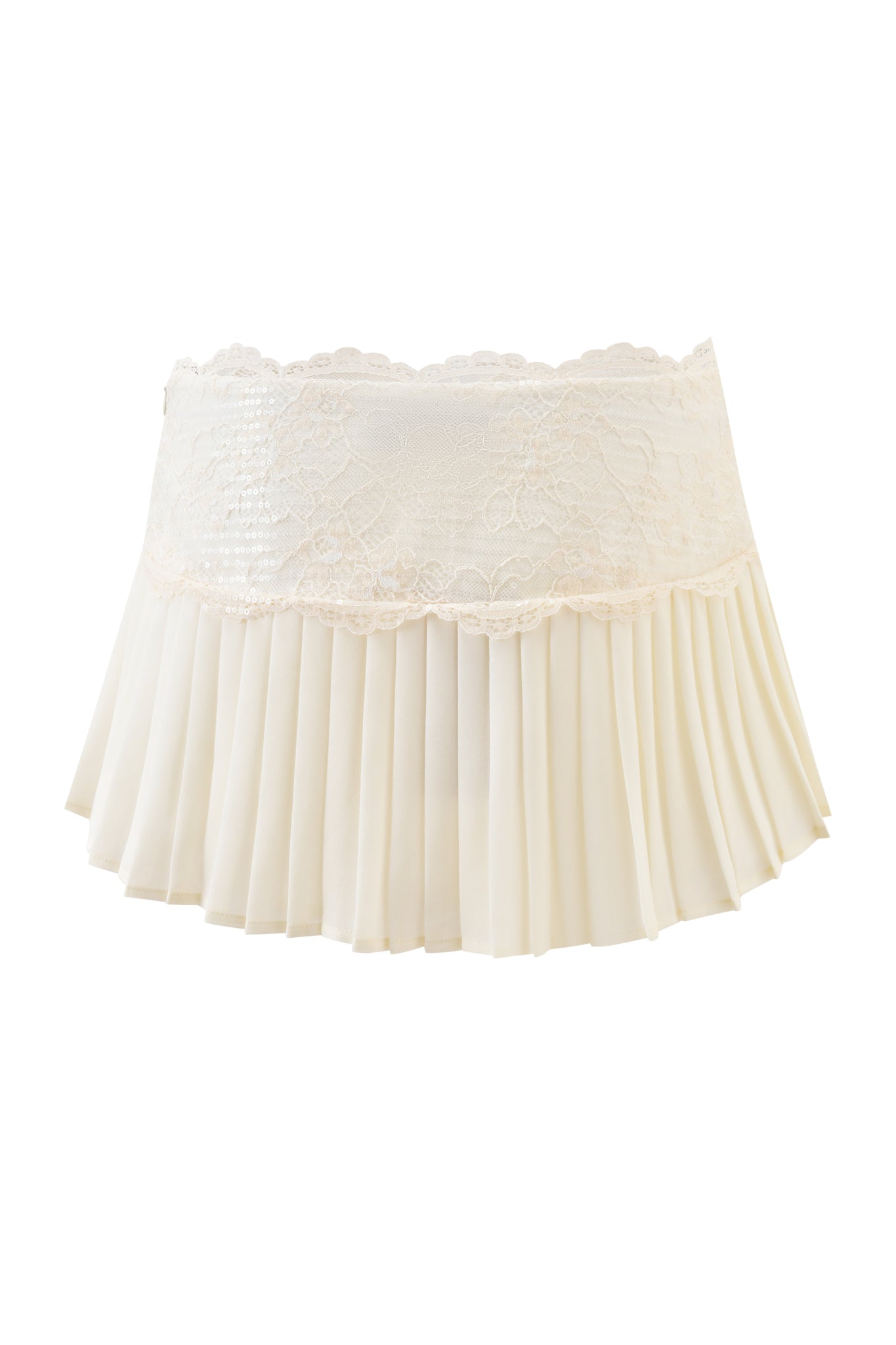 The SALOME MINI SKIRT - IVORY by I.AM.GIA features white micro pleats, a lace waistband, and scalloped lace trim. Its lightweight, flowy design offers a delicate, feminine look for effortlessly chic styling.