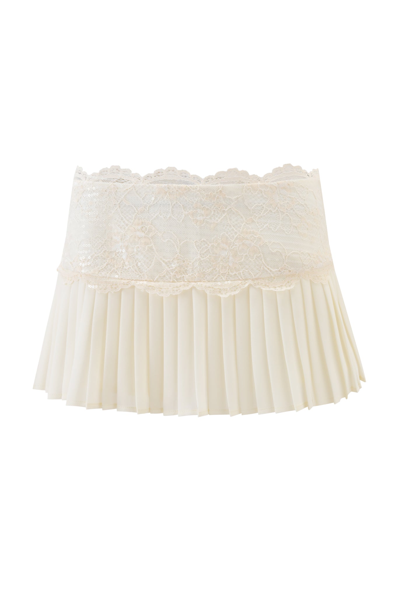 The SALOME MINI SKIRT - IVORY by I.AM.GIA features a lace waistband, delicate floral lace details, and soft micro pleats for a flowing silhouette.
