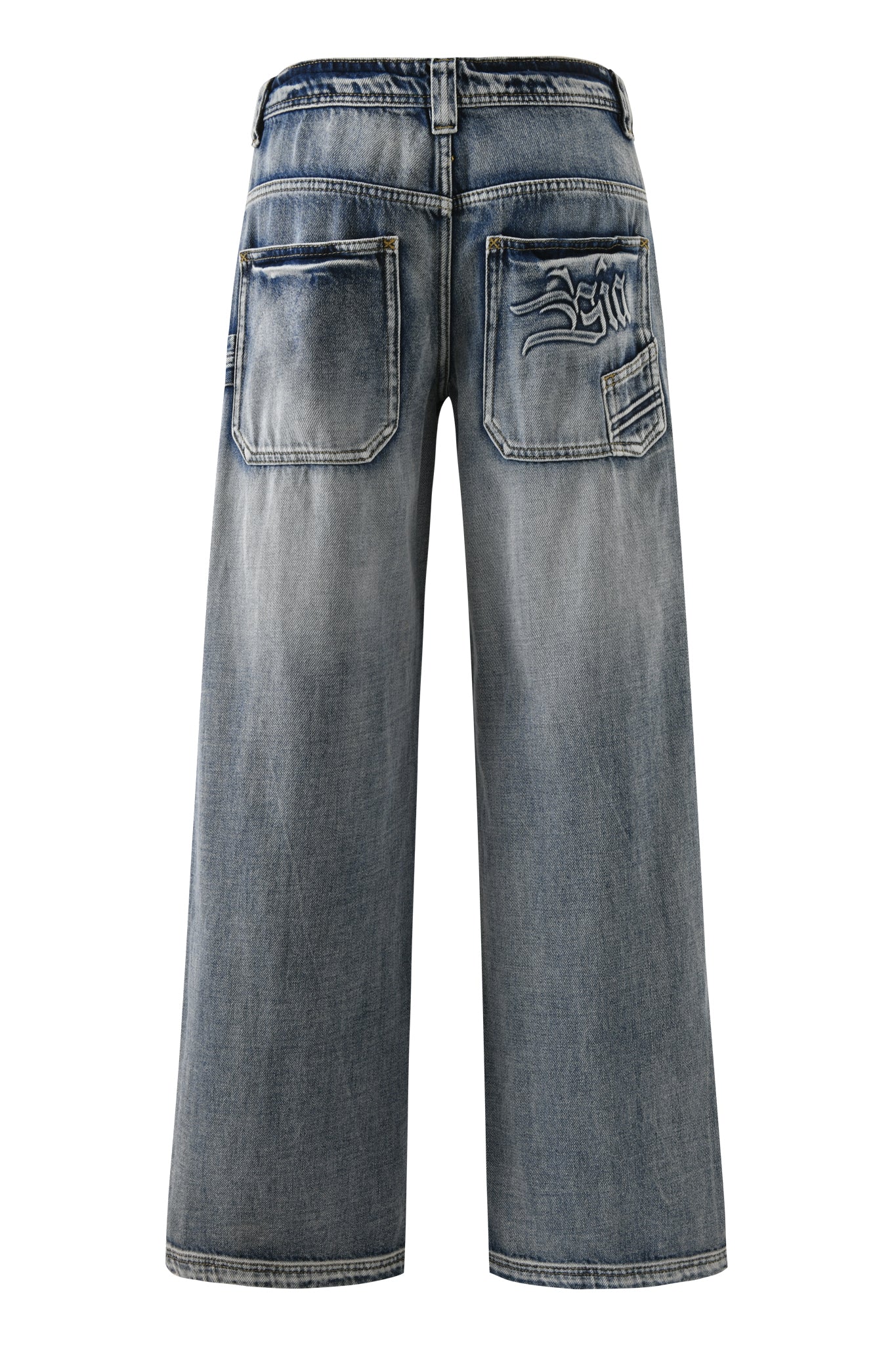 The PALISADE JEAN - BLUE by I.AM.GIA features a wide-leg, baggy fit in blue denim with a faded, worn look, two large back pockets, a small right patch pocket, and decorative stitching above the right pocket.