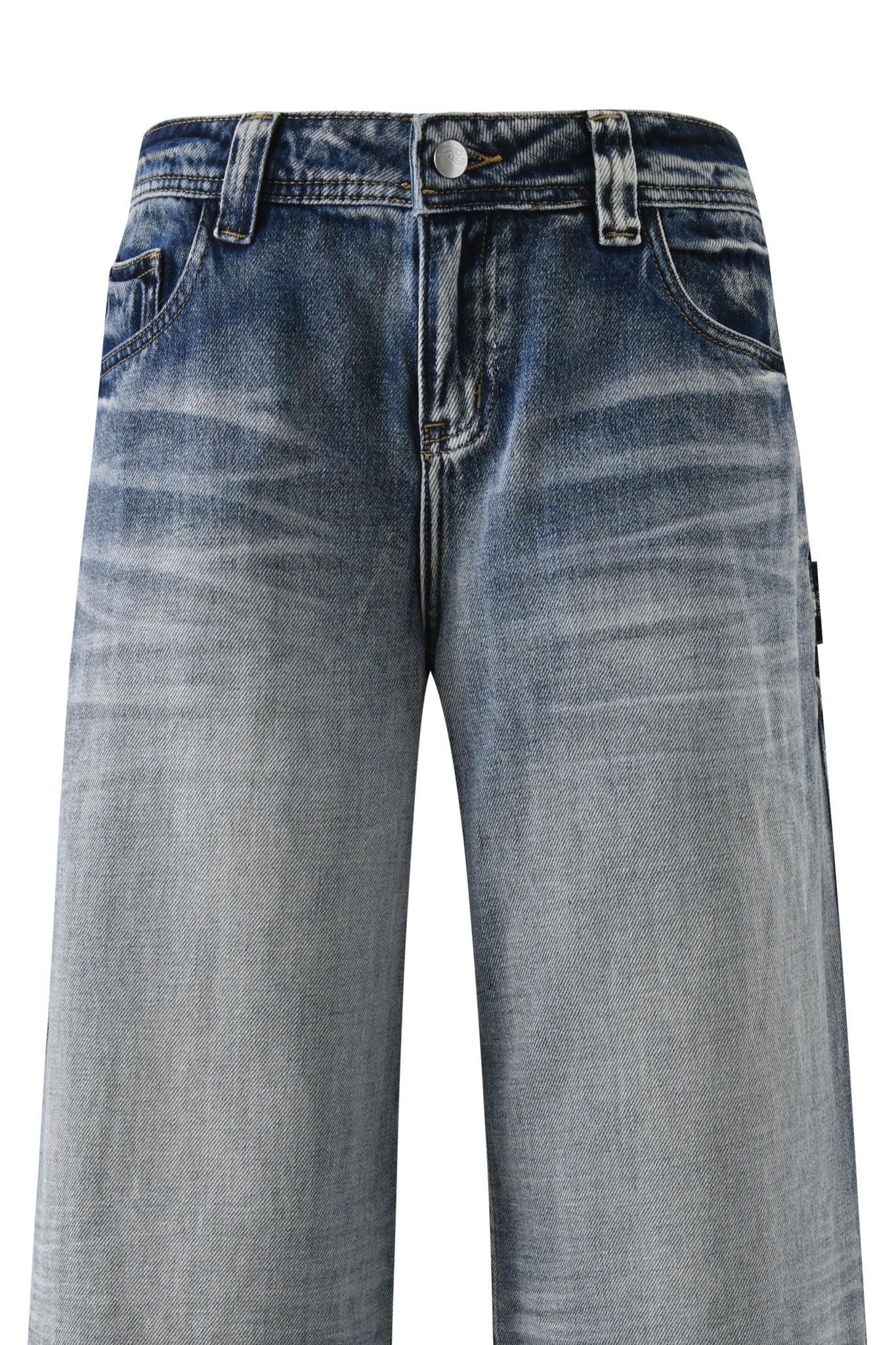 The I.AM.GIA PALISADE JEAN - BLUE features a baggy, straight-leg fit with a faded denim look, front pockets, belt loops, and button closure for effortless style.