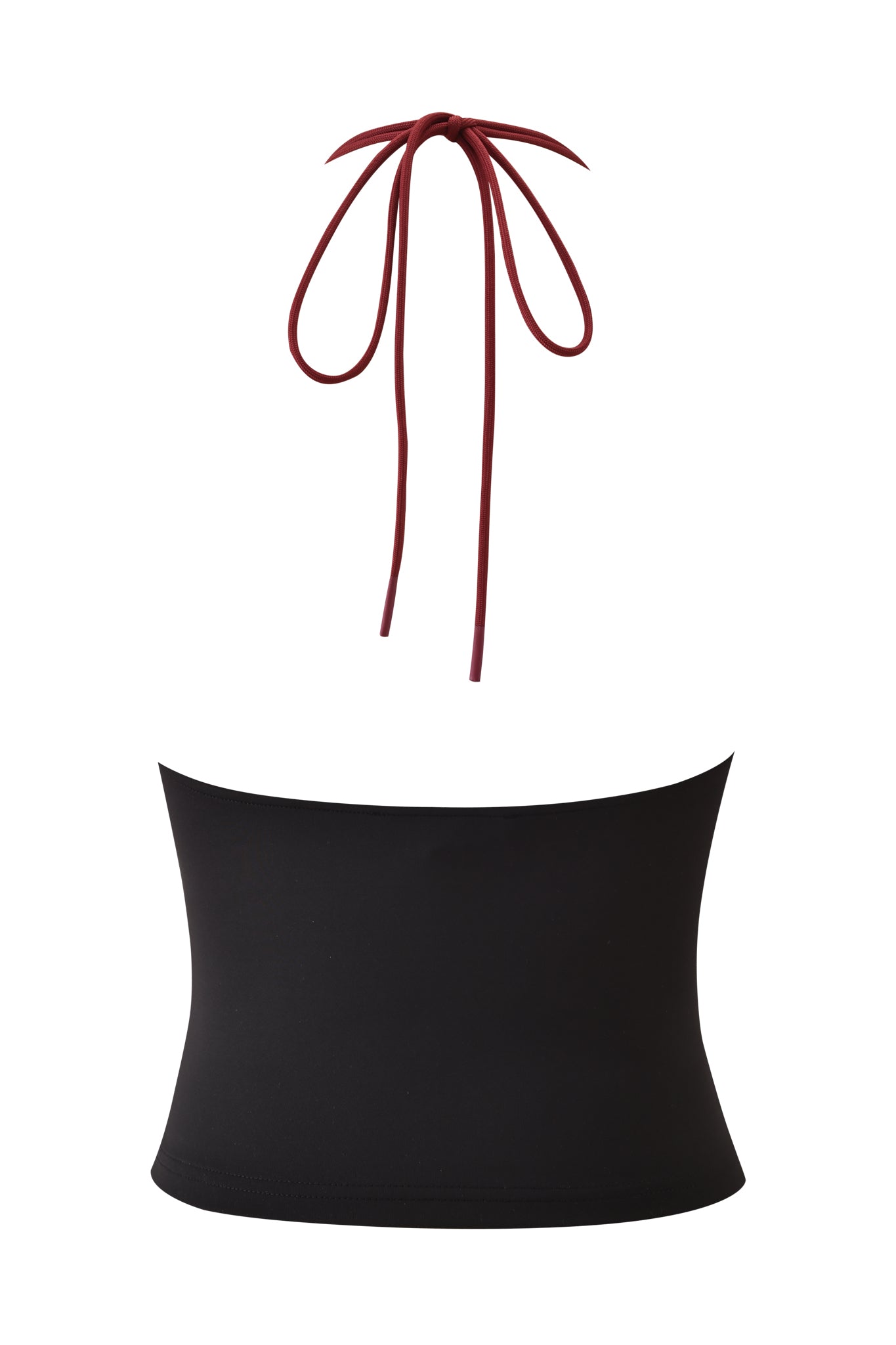 The ONYX TOP - BLACK by I.AM.GIA is a black halter top with a thin dark red tie and sleek bodycon fit, shown against a white background.