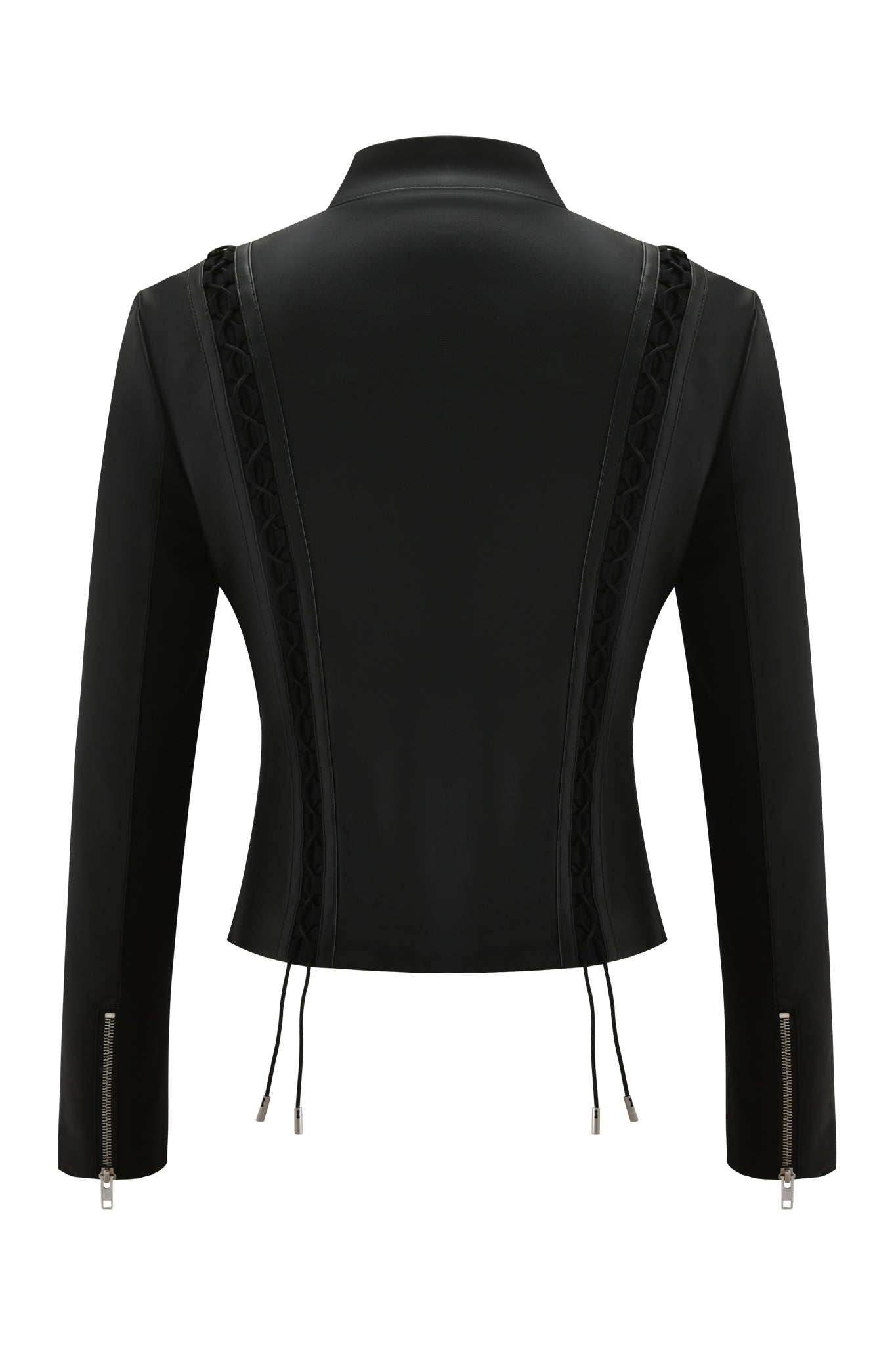 The KENDRIX JACKET - BLACK by I.AM.GIA is a black PU moto jacket with lace-up sides, long zippered sleeves, and a high collar, shown from the back.