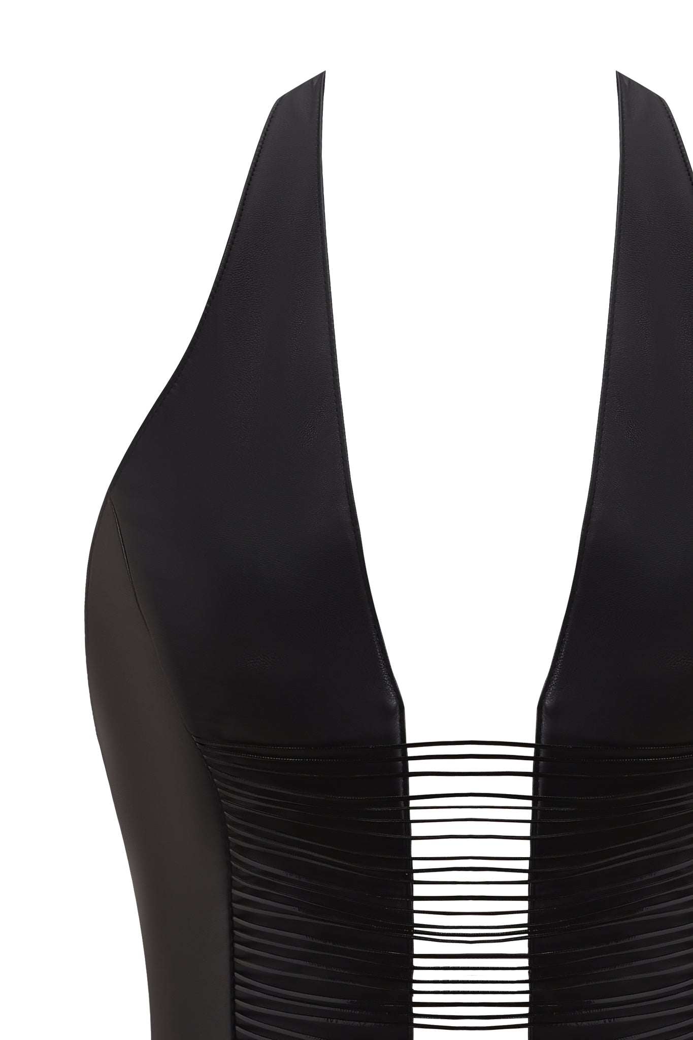 Close-up of the ALTAIR TOP - BLACK by I.AM.GIA, featuring a deep V neckline and thin waxed cord straps across the front. This sleek, form-fitting piece offers a modern, edgy look.
