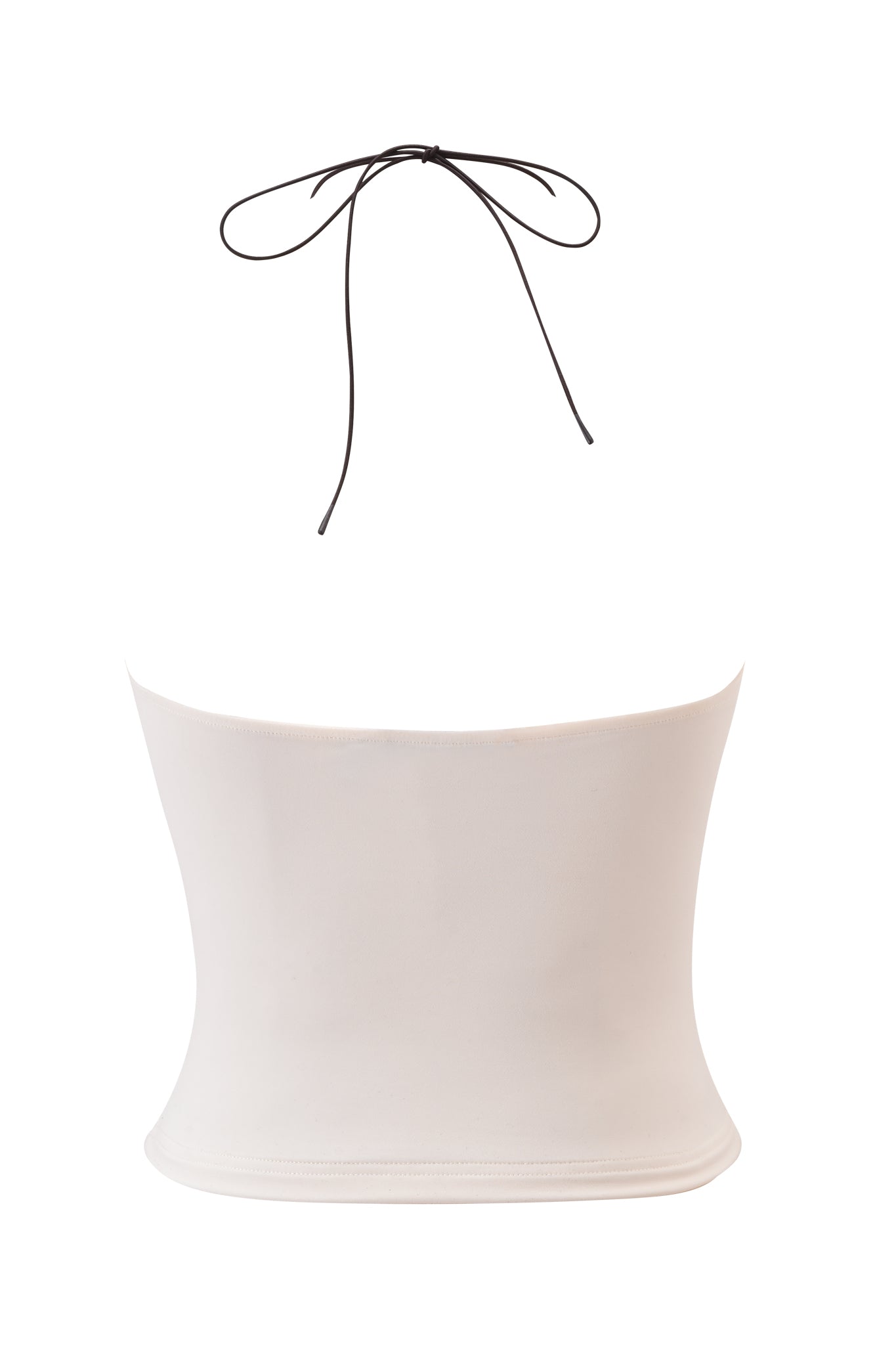 The I.AM.GIA FENNICK TOP - OFF WHITE features a strapless design with a slim black halter neck tie and smooth, bodycon fabric, showcased against a plain white background.