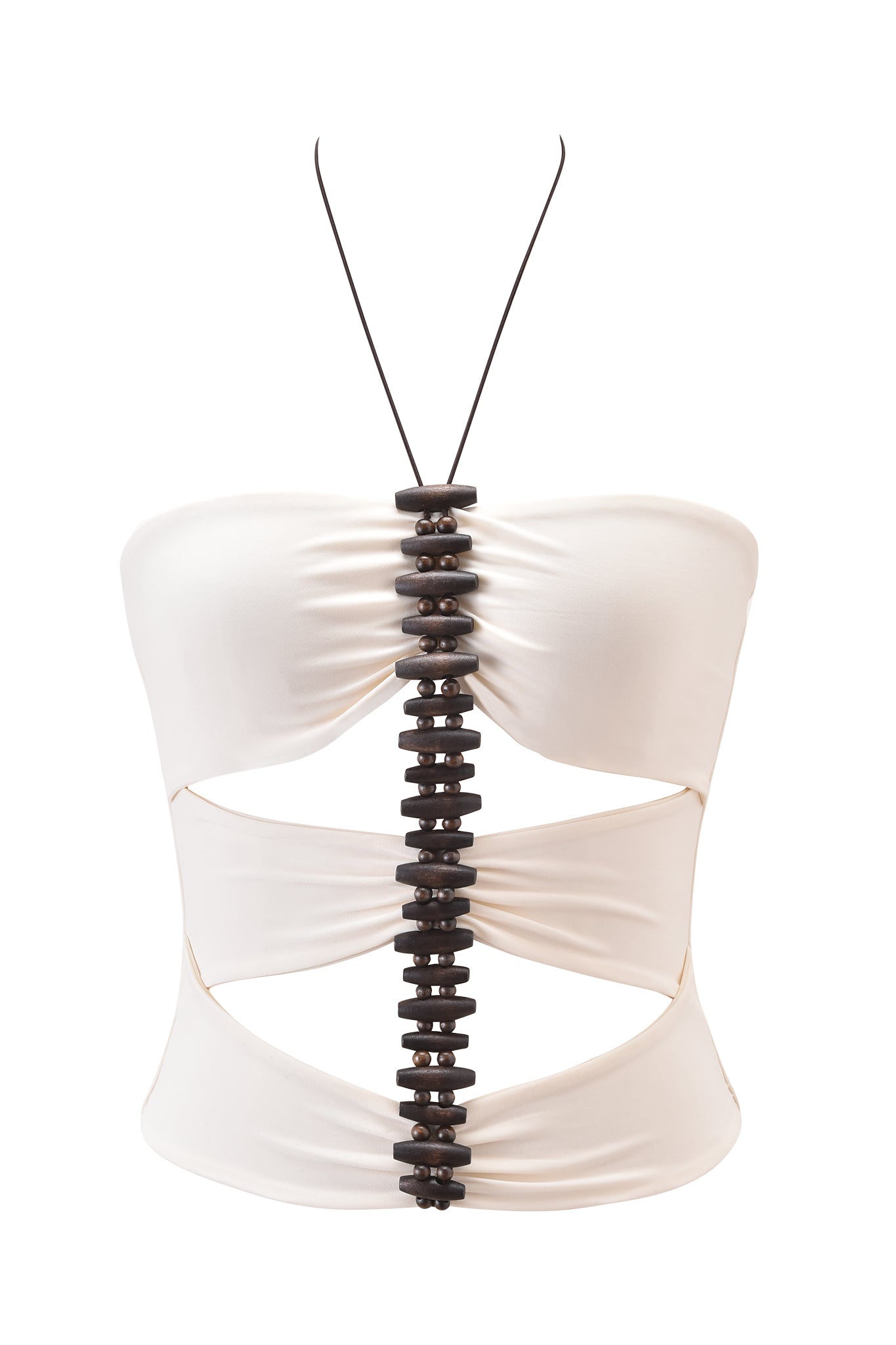 The FENNICK TOP - OFF WHITE by I.AM.GIA is a strapless, off-white crop top with side cut-outs, a center row of dark wooden beads, supportive halter straps, and a bodycon fit for a sleek silhouette.