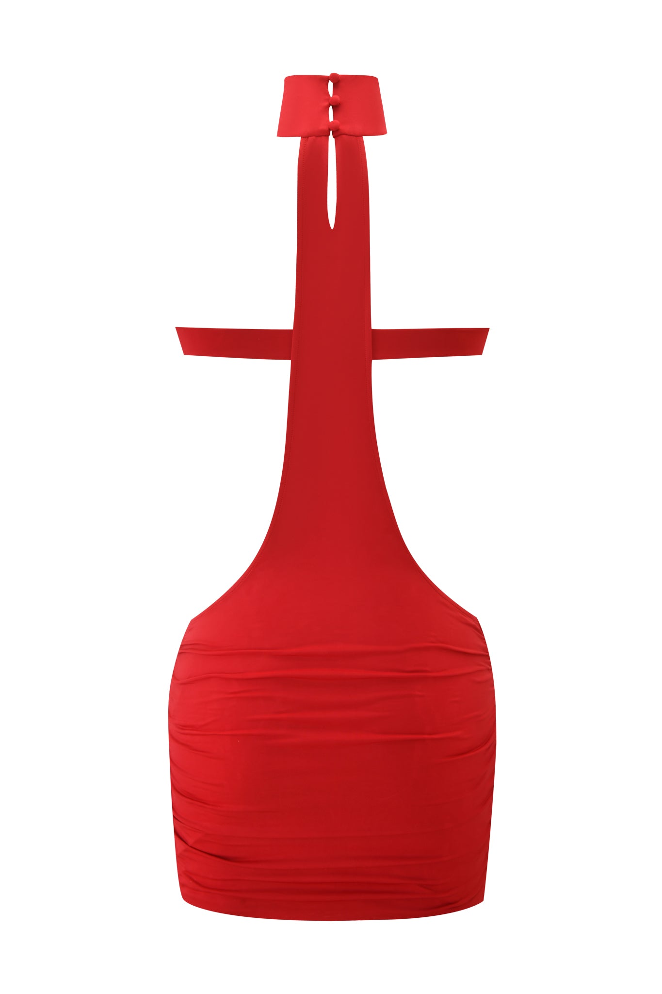 The COPINE MINI DRESS by I.AM.GIA in deep red features a back view with a halterneck strap, horizontal back strap, and ruched micro mini skirt for bold detail.