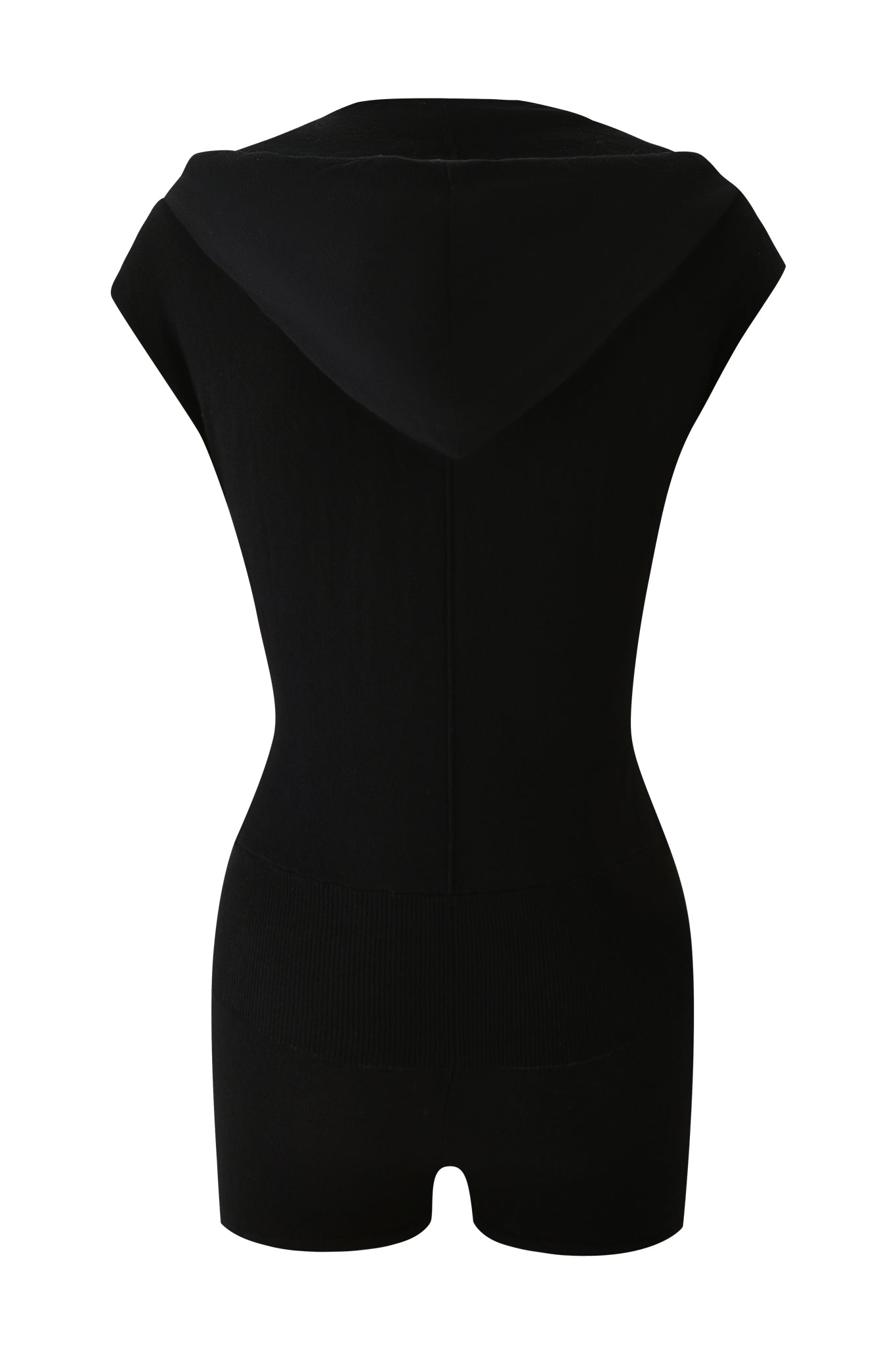 The NIMA PLAYSUIT - BLACK by I.AM.GIA features a fitted, micro mini length with short legs and a hooded back. Crafted from stretchy fabric, it hugs the figure for a sleek, modern look.