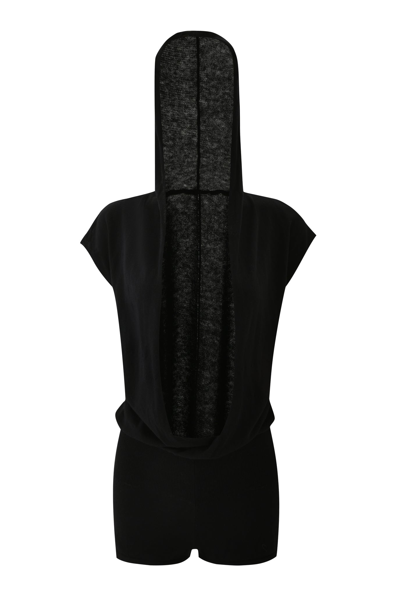 The NIMA PLAYSUIT - BLACK by I.AM.GIA is a sleek sleeveless black playsuit with a wide, deep plunging neckline and oversized hood, shown against a plain white background.