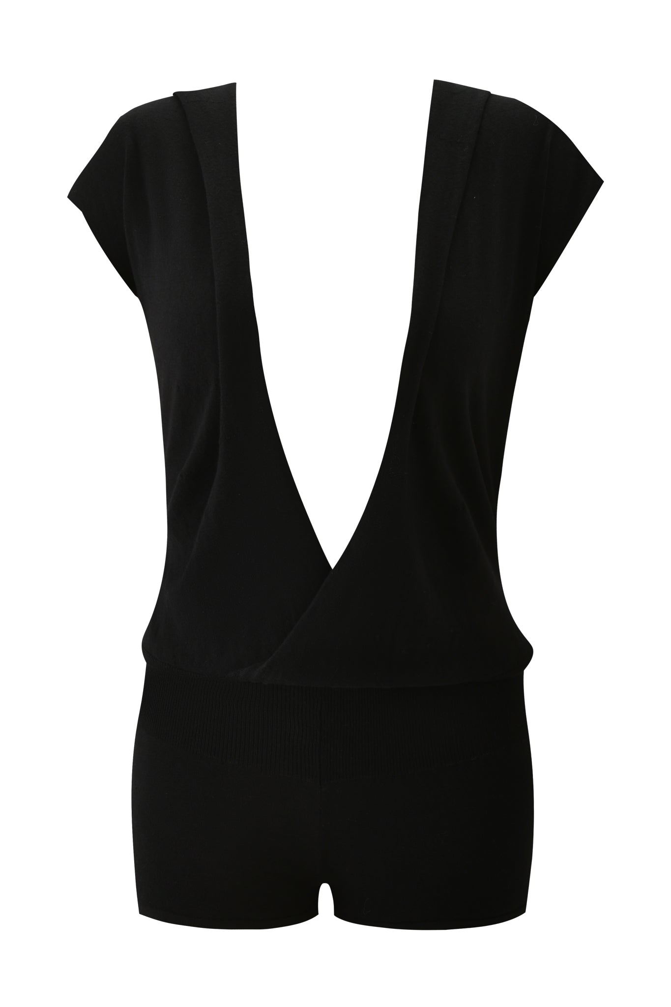 The NIMA PLAYSUIT by I.AM.GIA is a black playsuit with cap sleeves, a plunging neckline, fitted waist, and micro mini shorts. Made from soft, stretchy fabric, its modern, minimalistic design makes it a standout piece.