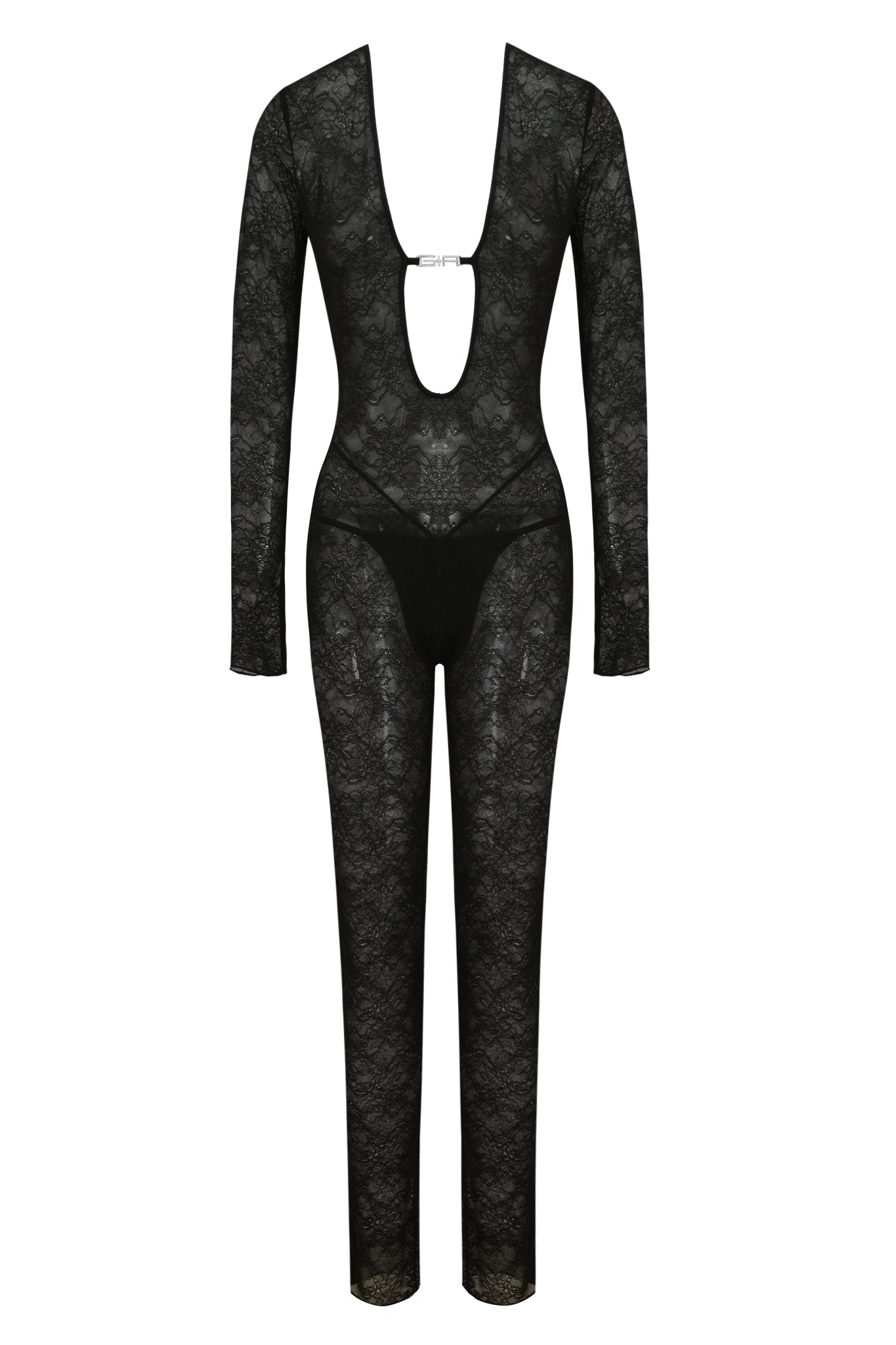 The TIGRA CATSUIT - BLACK by I.AM.GIA is a black, long sleeve sheer lace catsuit with a bodycon fit, deep plunge neckline, chest cutout, and visible black undergarments for a bold, alluring style.