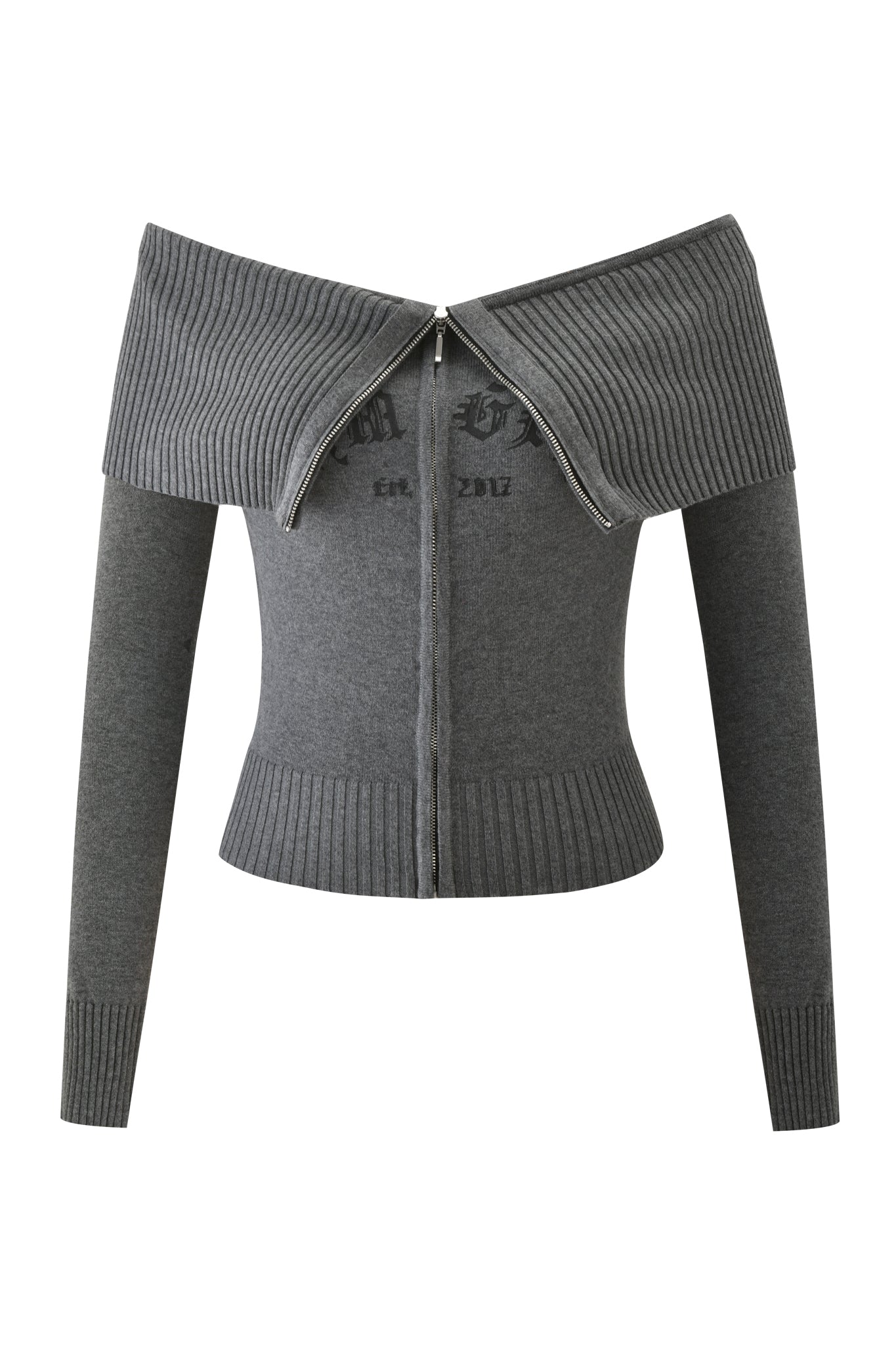 The ZION CARDIGAN - GREY by I.AM.GIA is a ribbed, off shoulder zip-up sweater featuring a wide folded collar, fitted sleeves and waistband, and subtle chest text for a modern style.