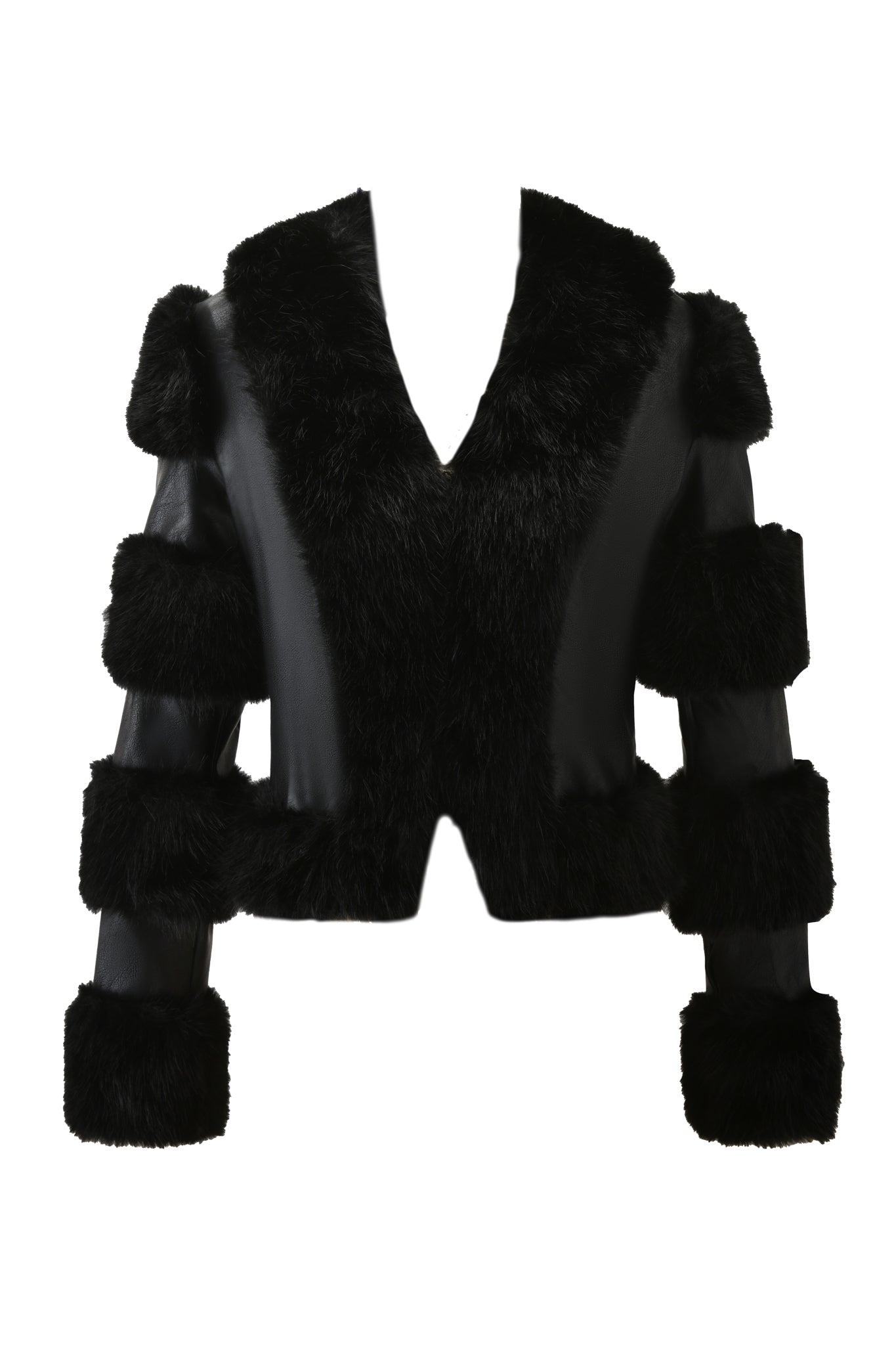 The VRAI JACKET - BLACK by I.AM.GIA features a fitted design with a deep V-neck, long sleeves, and multiple horizontal fur bands on the arms and body, shown against a plain white background.