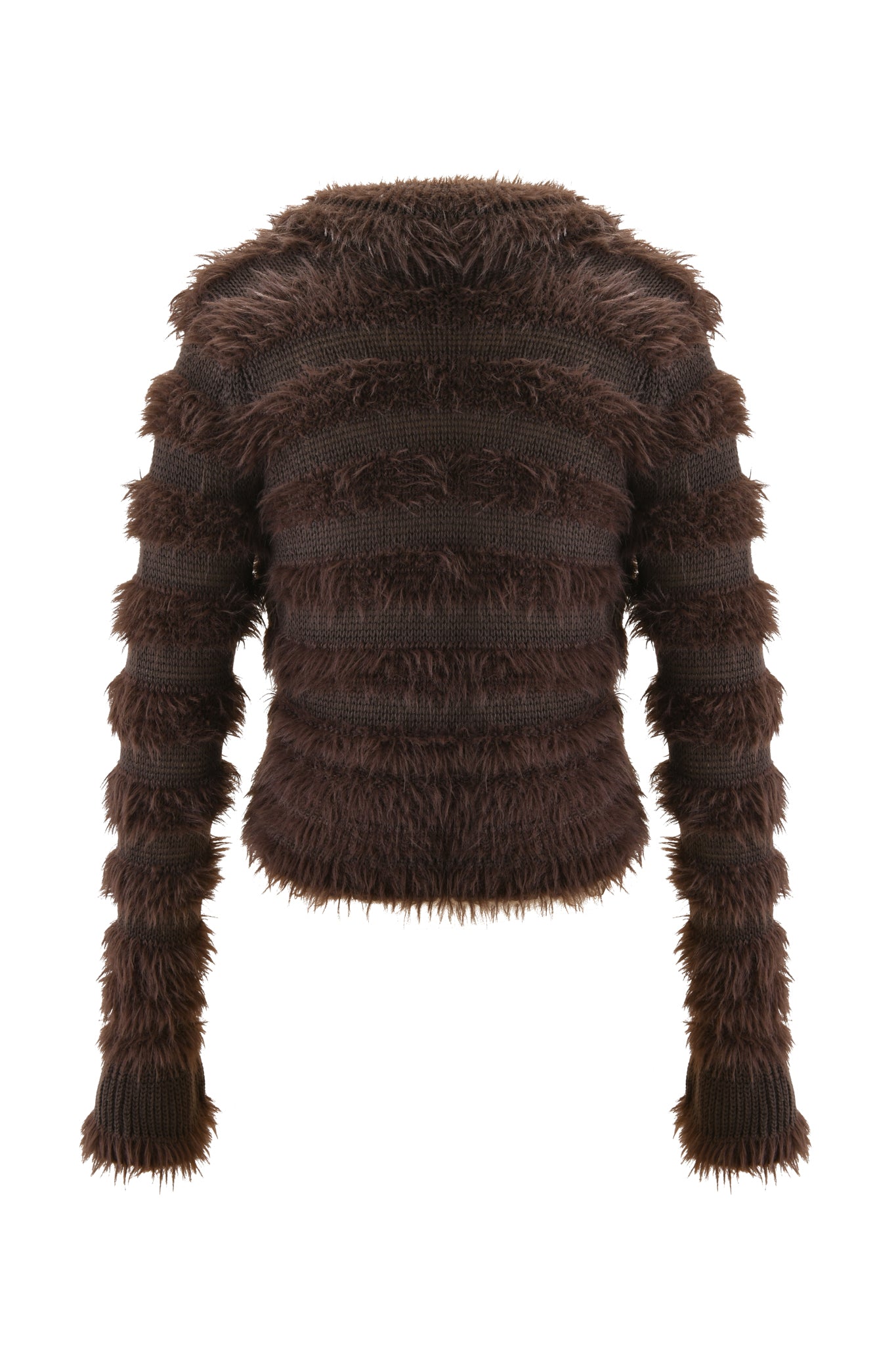 The DEMETRIA CARDIGAN - BROWN by I.AM.GIA is a long-sleeved, fitted knit cardigan in chocolate brown, featuring textured fuzzy material and horizontal fluffy stripes, shown on a white background.
