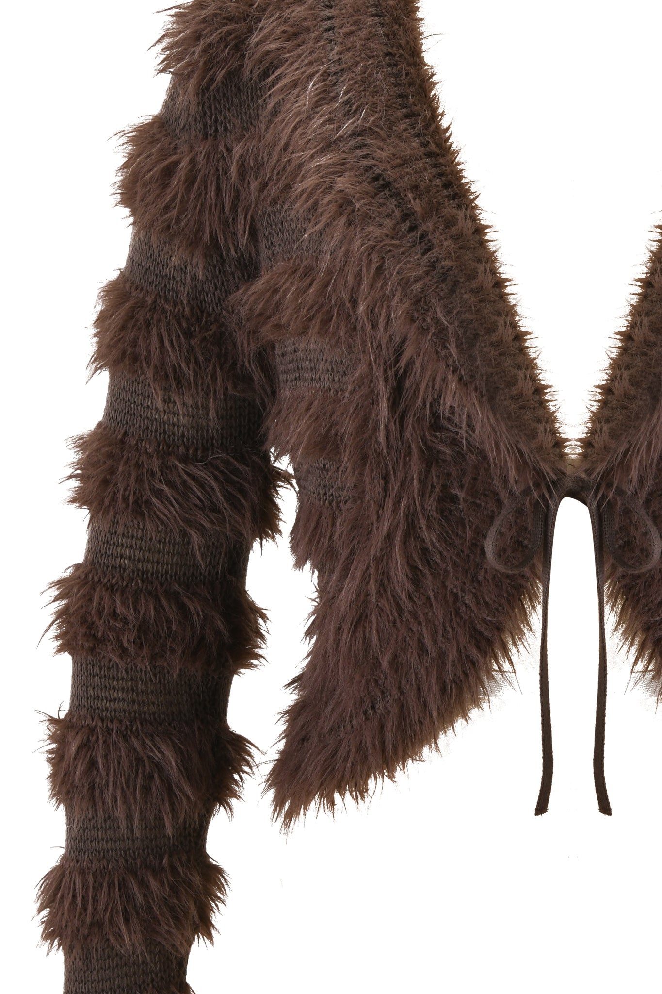 The I.AM.GIA DEMETRIA CARDIGAN - BROWN is a cropped knit with long sleeves, fluffy textured stripes, and a front tie closure. Its soft, cozy fabric offers a stylish faux fur cardigan alternative.