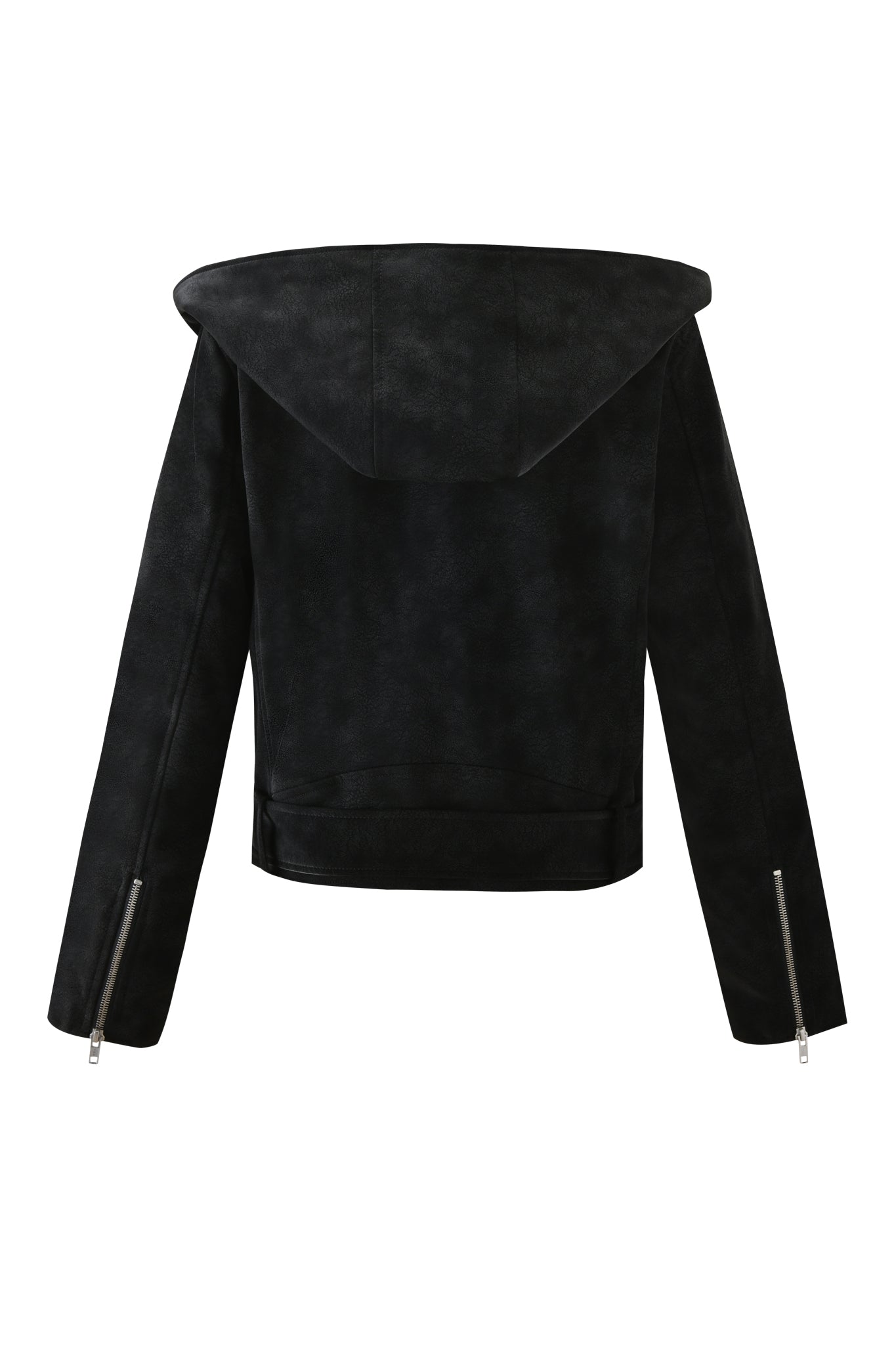 The ANDROMEDA JACKET - BLACK by I.AM.GIA is a black faux leather jacket with an oversized hood, long sleeves, cuff zippers, and a straight hem, shown from the back against a white background.