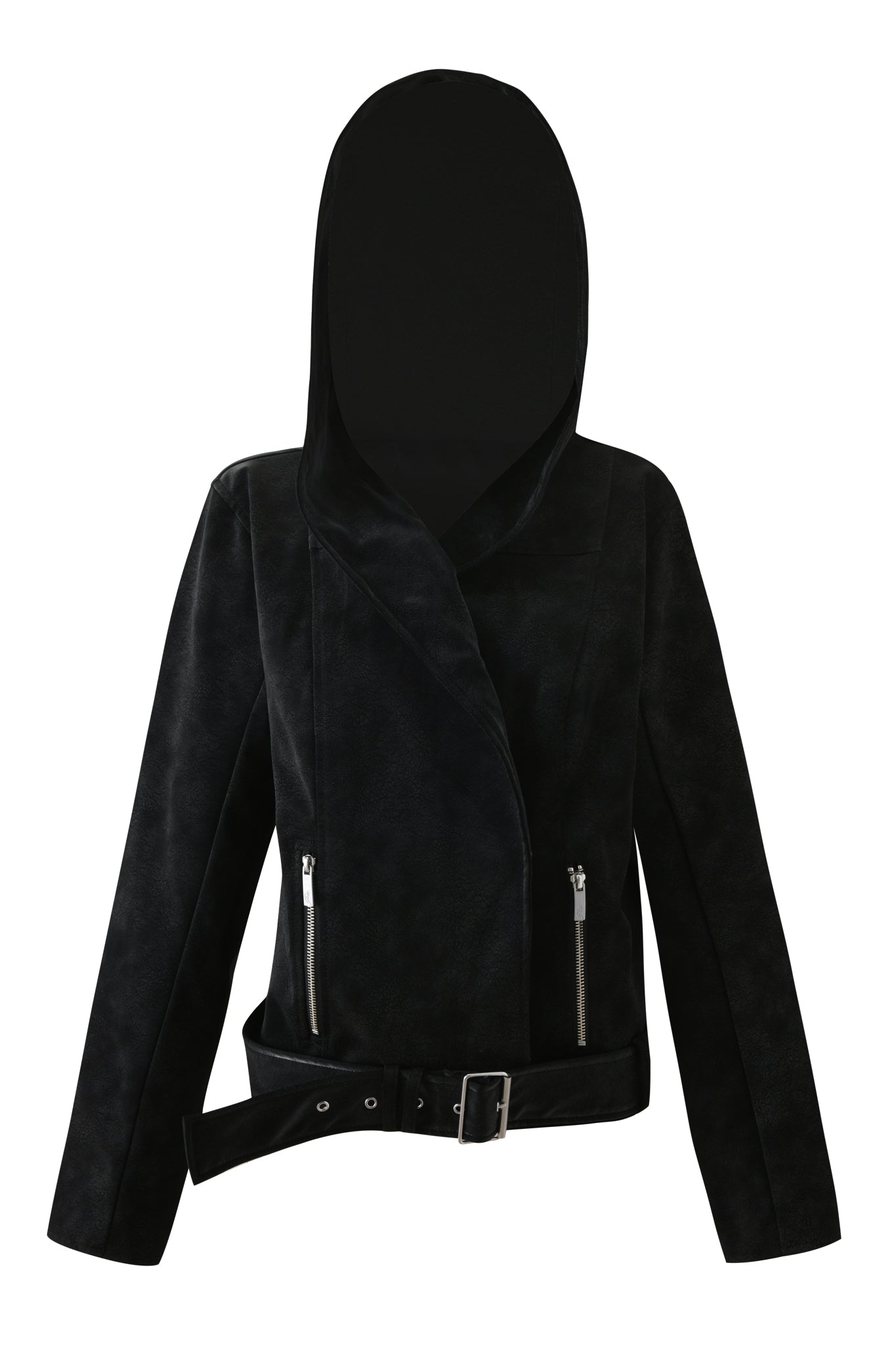 The ANDROMEDA JACKET - BLACK by I.AM.GIA features a moto style with an oversized hood, asymmetrical front zipper, two zippered side pockets, long sleeves, and a waist belt with silver buckle, shown on a plain white background.