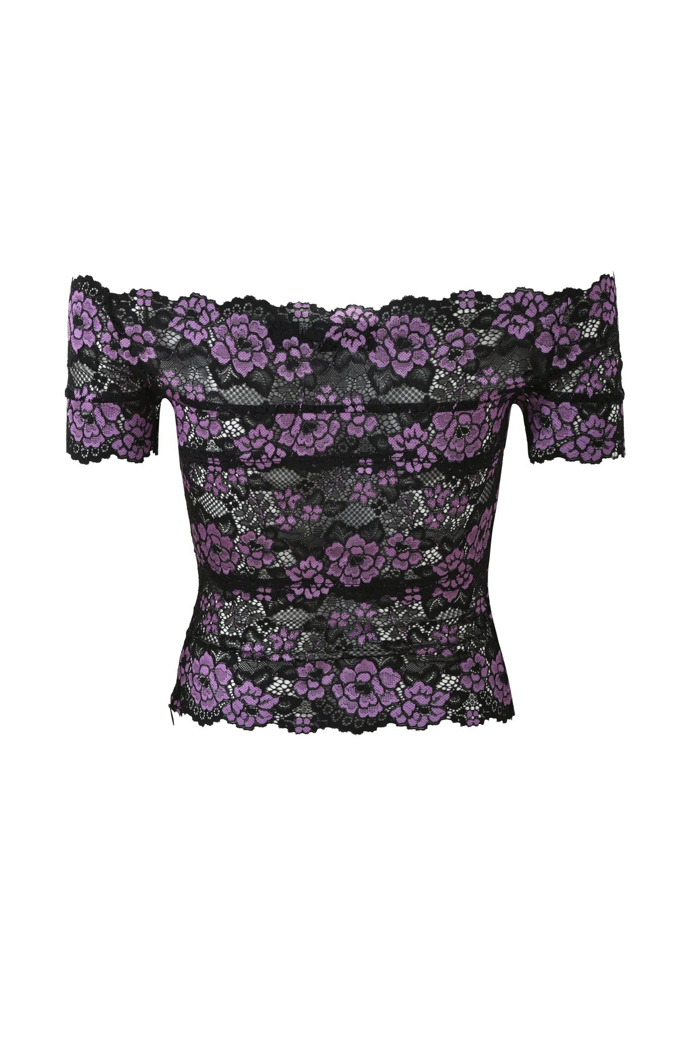 The I.AM.GIA CRYSTAL TOP - PLUM is a fitted, slightly cropped off-shoulder stretch lace top with short sleeves, featuring black lace and a purple floral pattern.