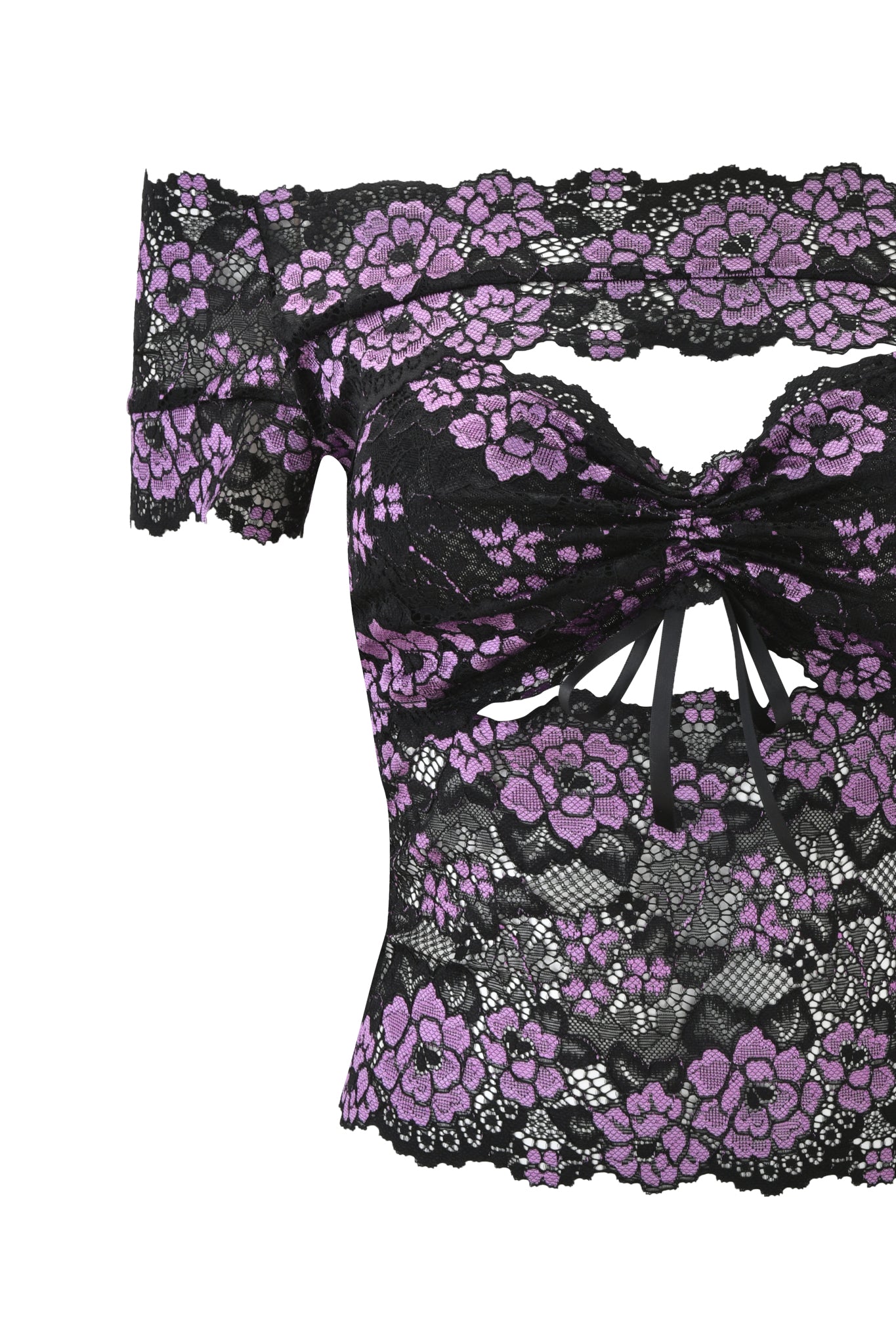 The CRYSTAL TOP - PLUM by I.AM.GIA is a black stretch lace crop top with purple floral patterns, featuring an off-shoulder neckline, ruched center, and bust cutout detail.