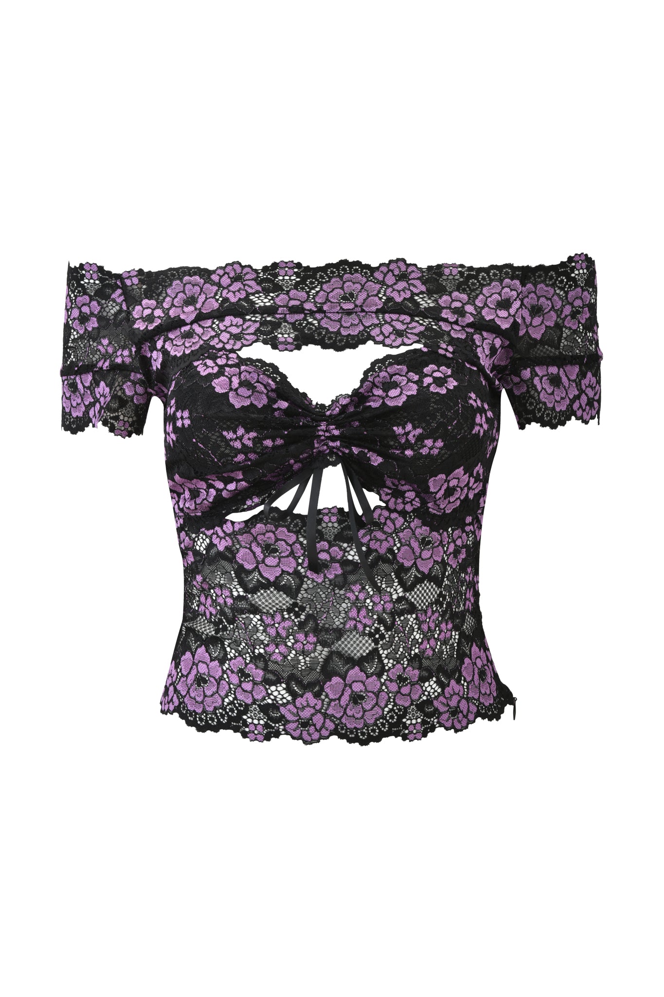 The CRYSTAL TOP - PLUM by I.AM.GIA features off-the-shoulder stretch lace with black and purple floral pattern, front cutout, and scalloped edges—a purple crop top that exudes elegant allure.
