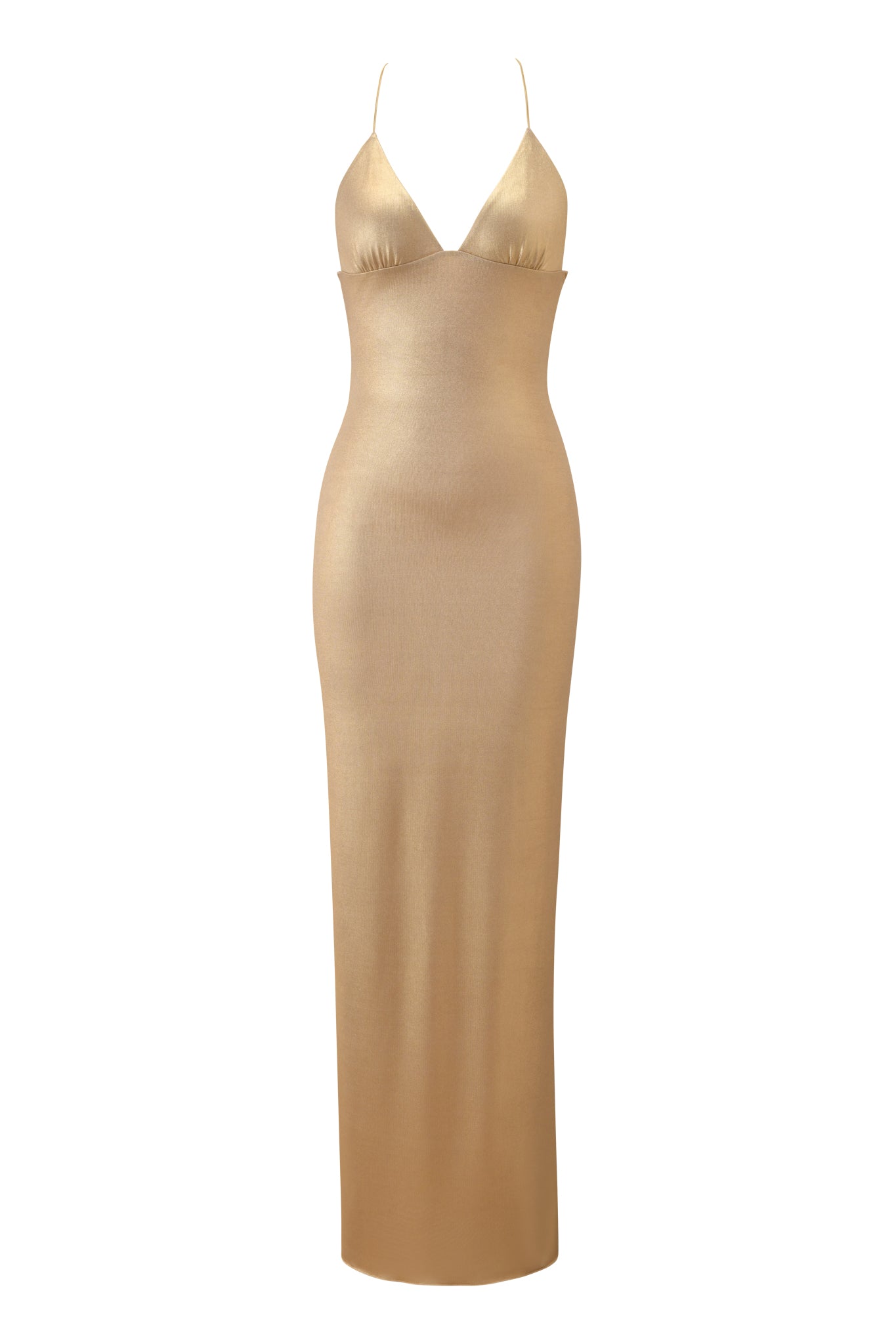 The ELLERY MAXI DRESS - GOLD by I.AM.GIA is a sleeveless, floor-length dress with thin spaghetti straps, a deep V-neckline, and a fitted bodycon silhouette.