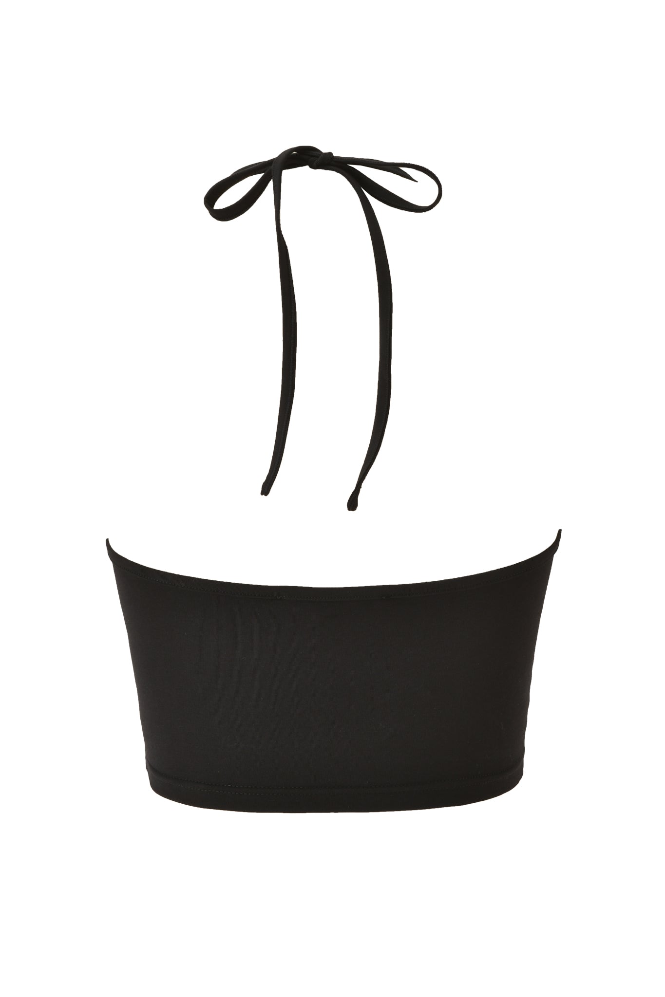 The I.AM.GIA HALO TOP - SOLID BLACK is a black halterneck crop top bikini with a bodycon fit and halter neck tie, made from soft bamboo jersey, displayed against a white background.