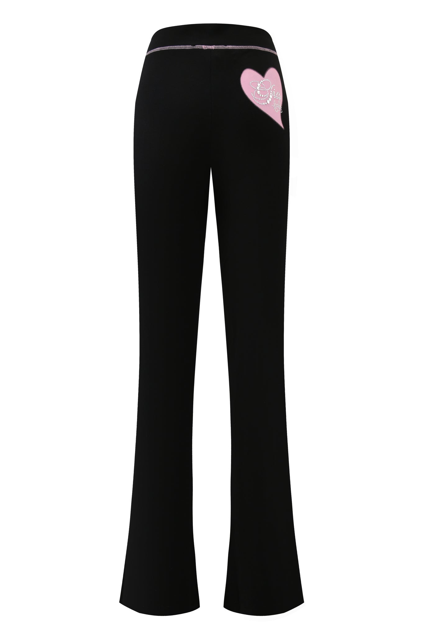 The FAFI BLARE PANT - BLACK by I.AM.GIA features a black flared design with a pink heart rhinestone patch on the back waist. Part of the Gia X Fafi collection.