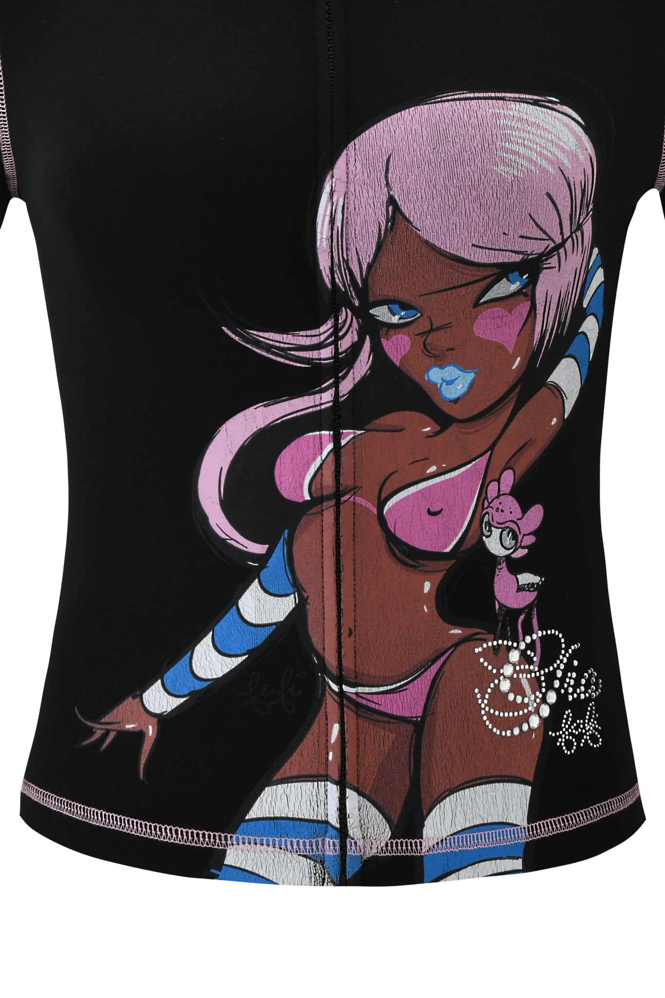 A close-up of the I.AM.GIA FAFI BLARE HOODIE - BLACK, highlighting a bold cartoon woman with pink hair, blue lips, and arm warmers, plus a pink character—both featuring striking outlines from the Fafi collab.