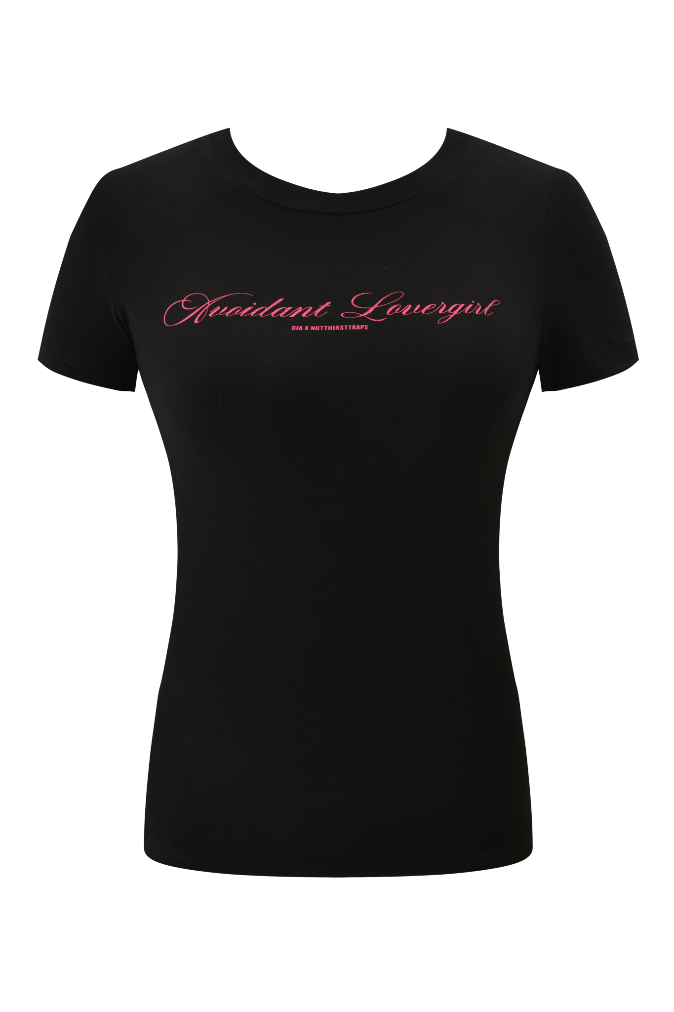 The POLINA AVOIDANT 2.0 TEE - BLACK by I.AM.GIA is a black lightweight cotton jersey baby tee featuring "Occident Lovergirl" in pink cursive across the chest.