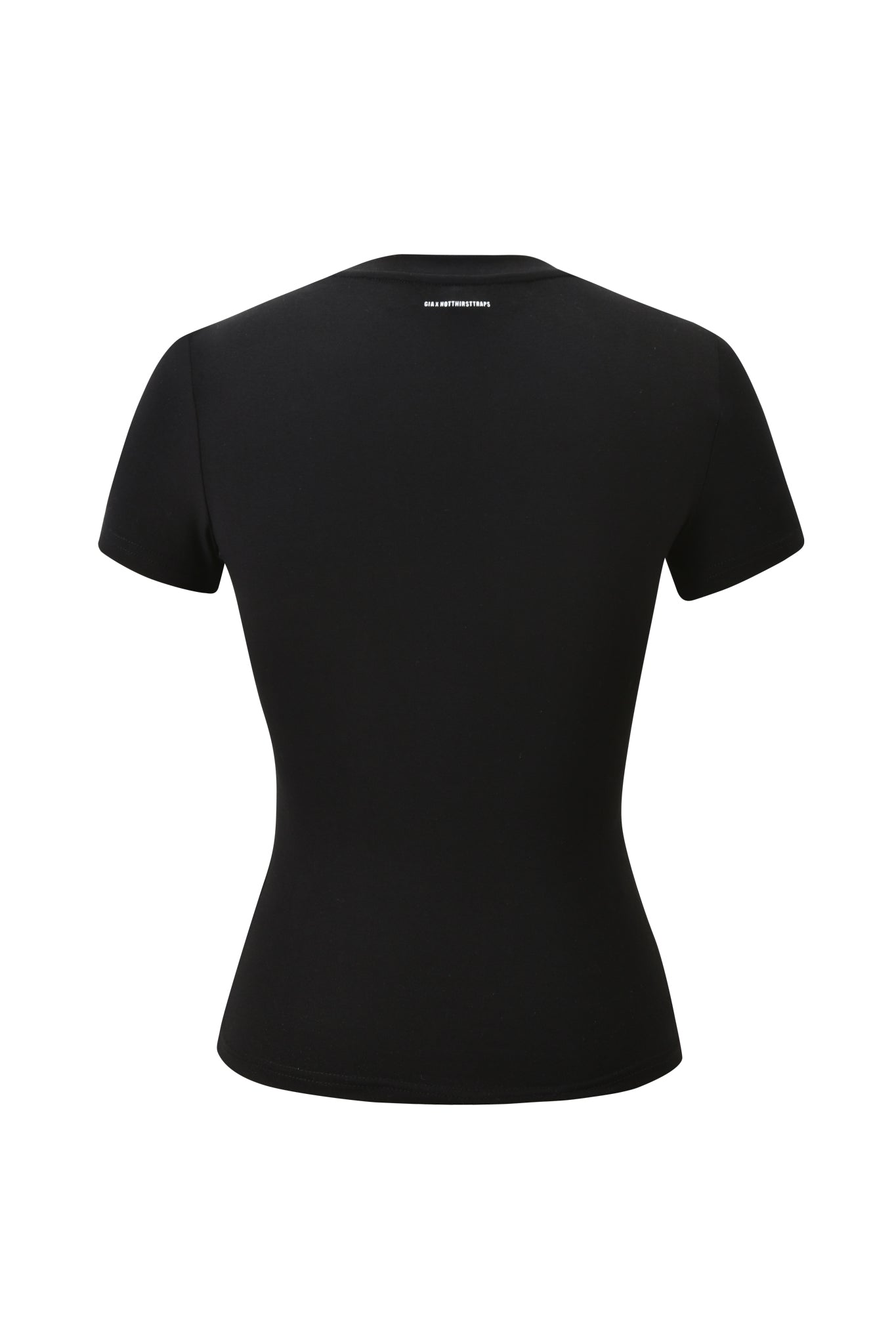 The POLINA TEE - RESEARCH by I.AM.GIA is a fitted black graphic t-shirt, shown from the back with a small white text logo near the upper neckline.