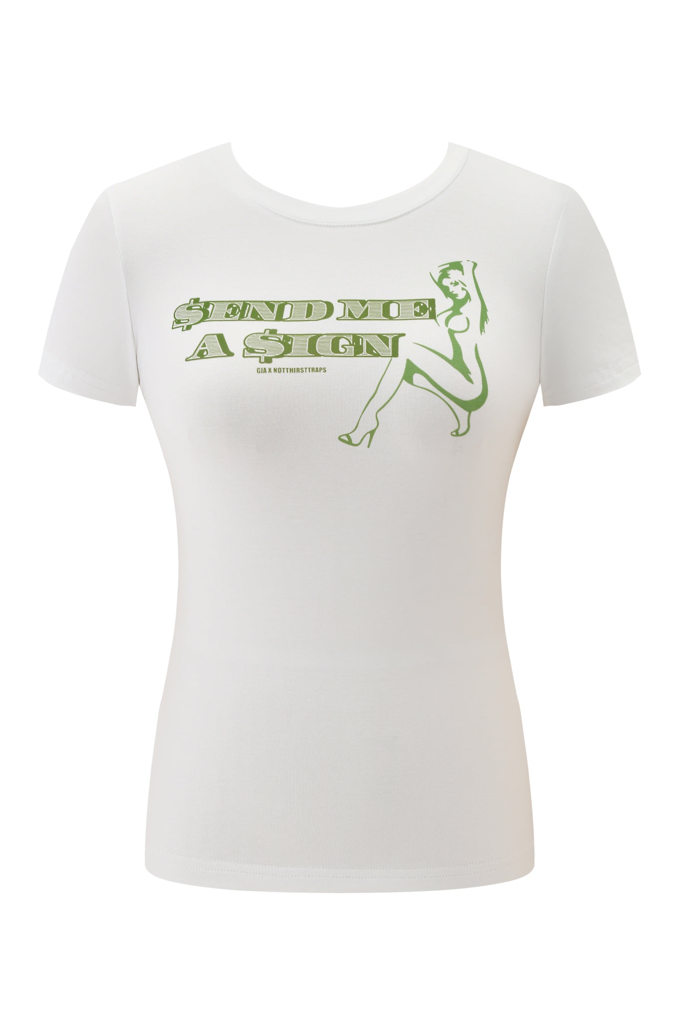 The I.AM.GIA POLINA DOLLA SIGN TEE in white is a cotton baby tee featuring green "SEND ME A SIGN" text with dollar sign graphics and a pin-up style woman illustration.