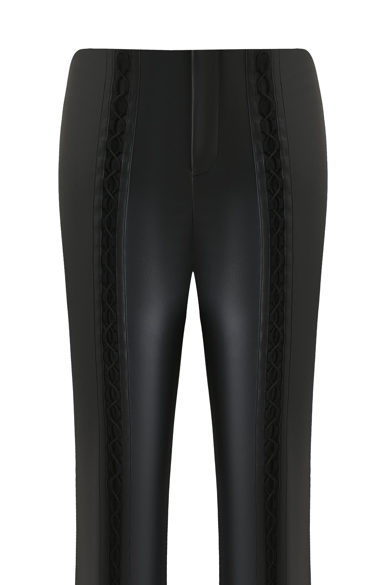 The KENDRIX PANT - BLACK by I.AM.GIA is a high-waisted, sleek faux leather moto pant with a shiny finish and decorative braided detailing along the front sides of each straight leg.