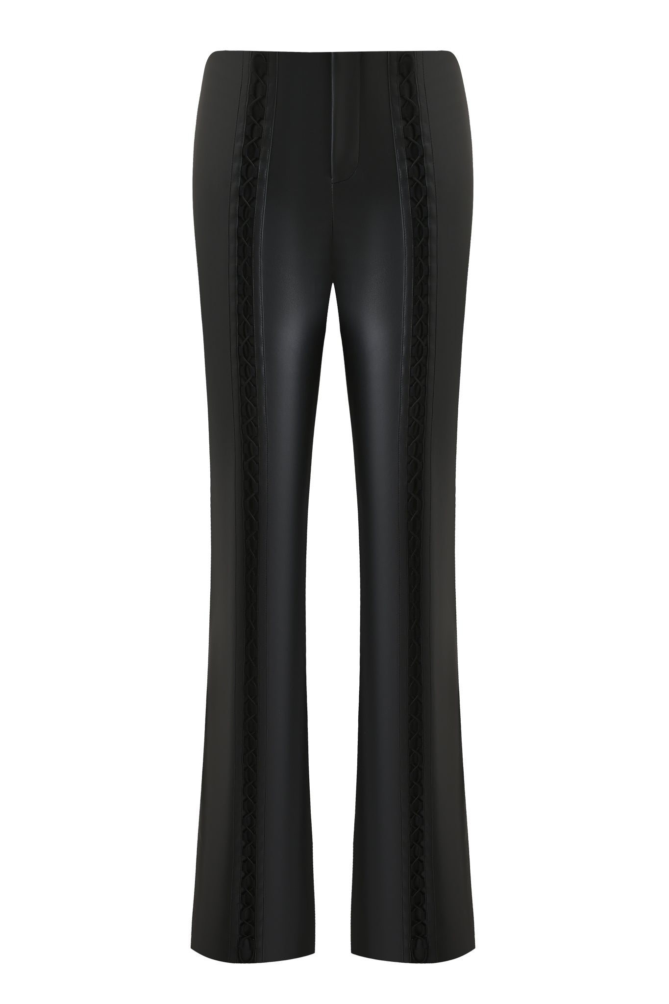 The KENDRIX PANT - BLACK by I.AM.GIA features black faux leather, a high-waisted straight leg, slight flare, and front braided detailing for a sleek look without visible pockets or extra embellishments.
