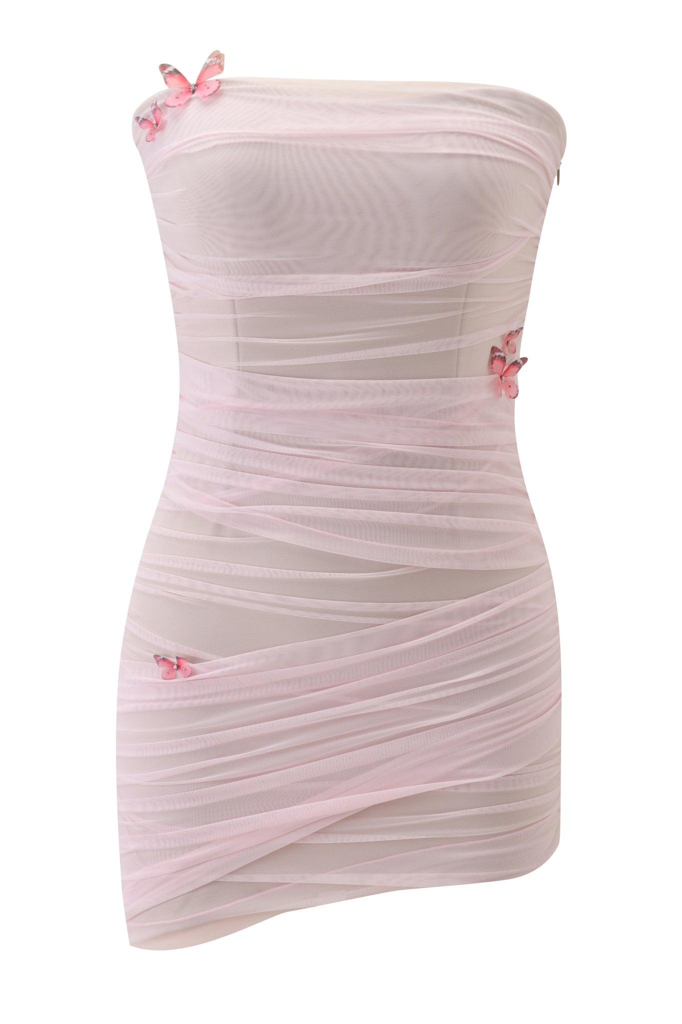 The LARK MINI DRESS - PINK by I.AM.GIA is a strapless mini dress with delicate ruched layers in sheer light pink, finished with three pink butterfly appliqués on the bodice, waist, and skirt for a dreamy look.
