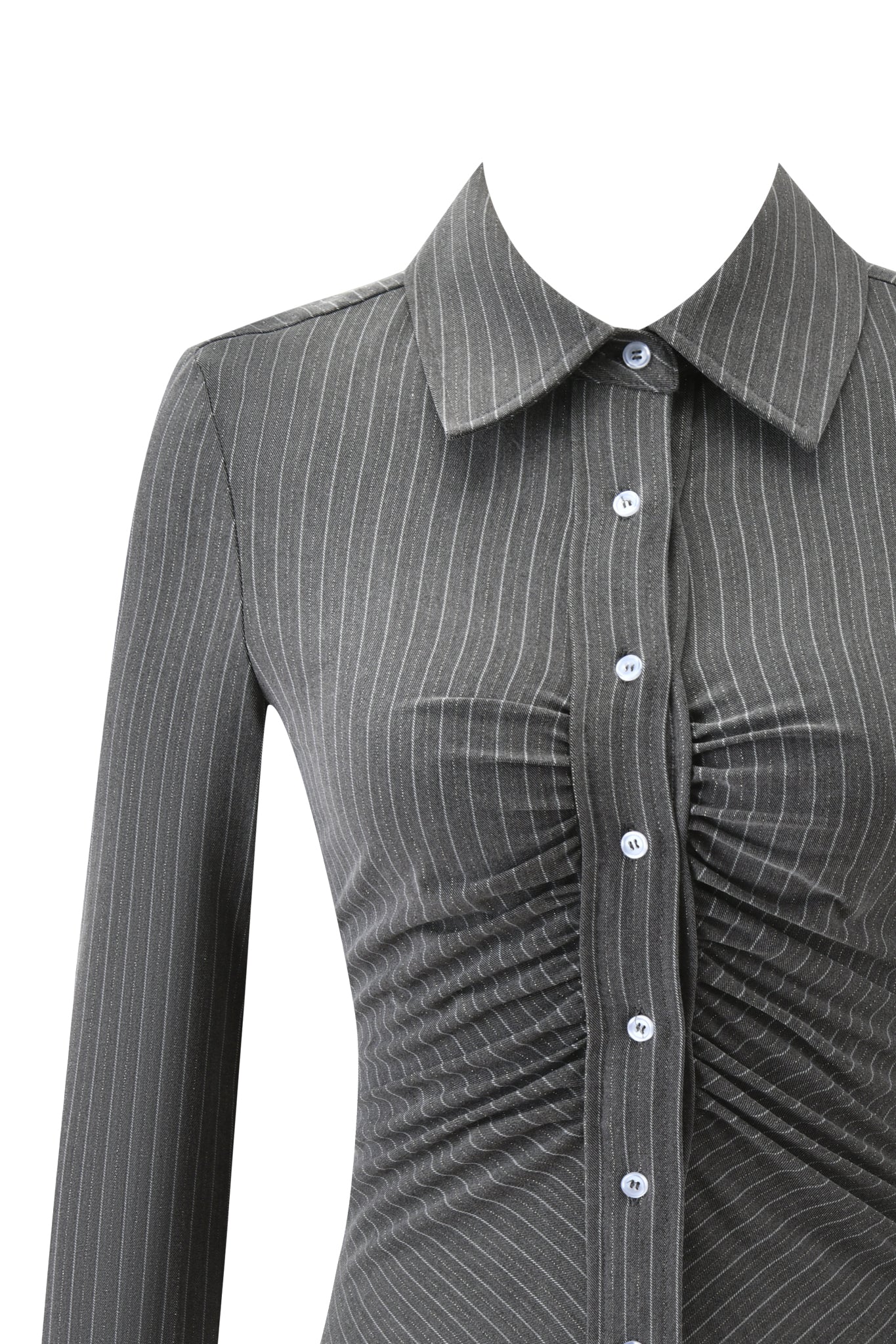 A close-up of the MONICA SHIRT - GREY PINSTRIPE by I.AM.GIA, a tailored button-up with white buttons and ruched front detailing, shown against a plain white background.