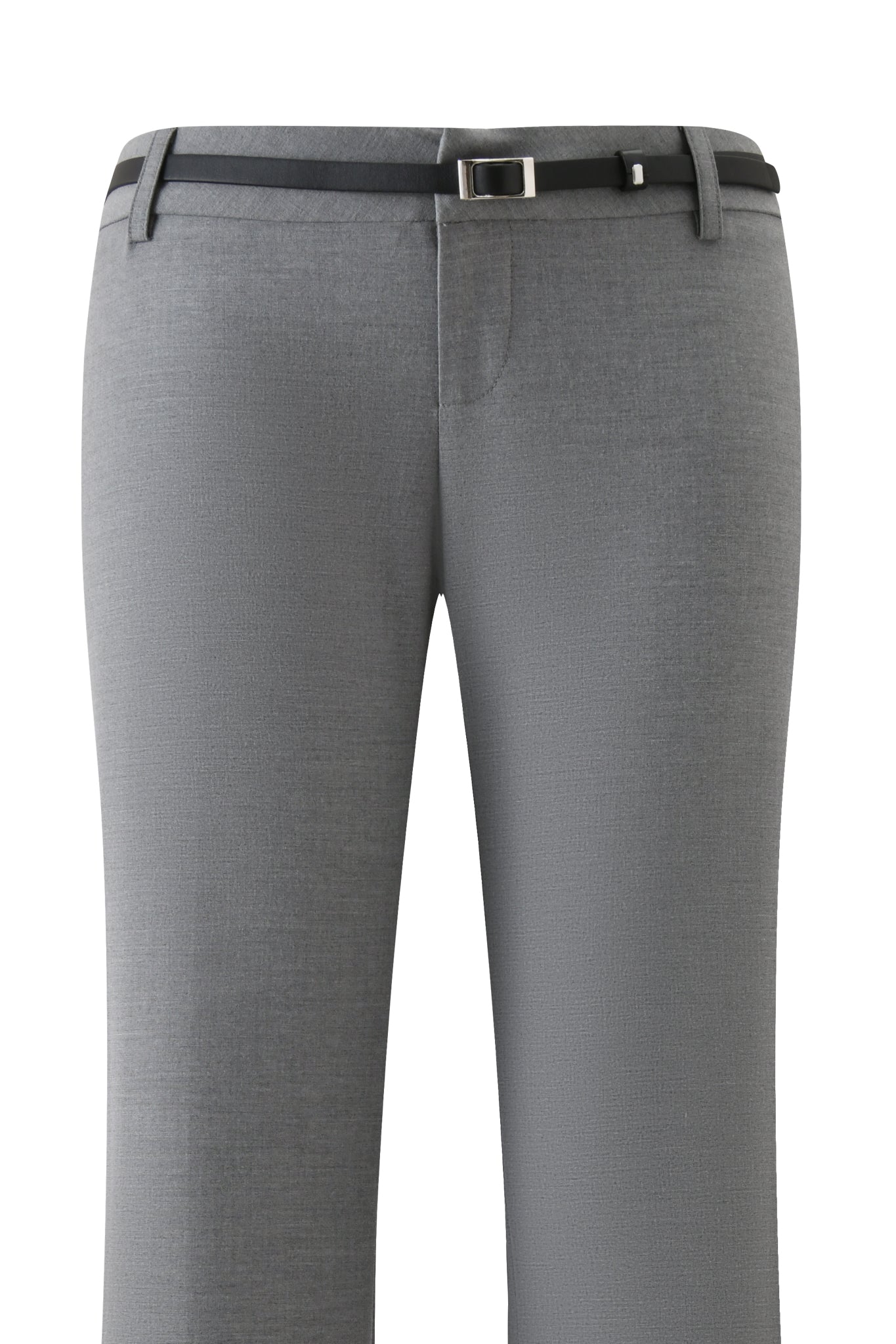 The CLARA PANT - GREY by I.AM.GIA features a low-rise waist with belt loops, a slim black belt, and a relaxed straight leg in a tailored fit. Shown from the front on a white background.