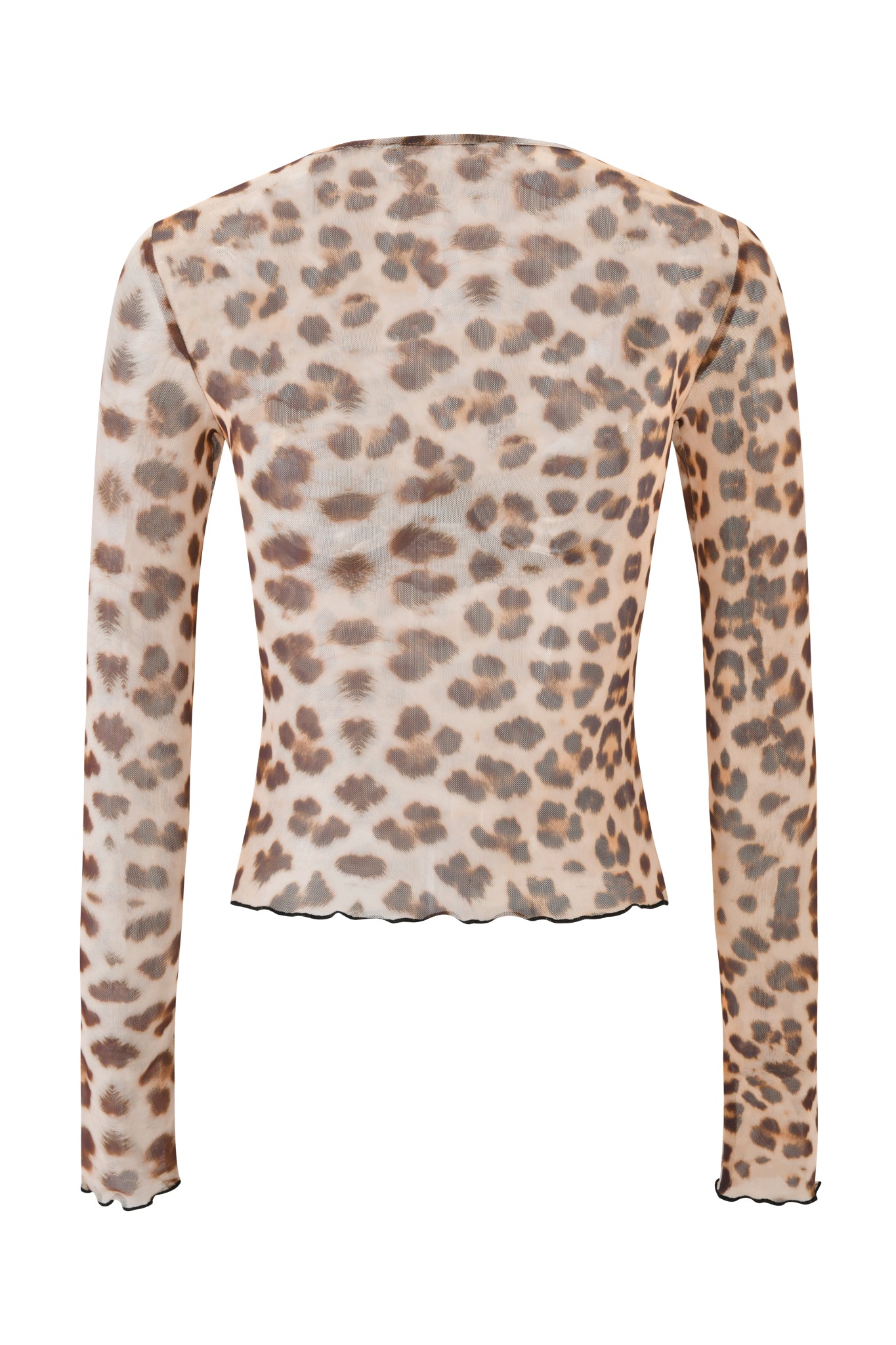 The I.AM.GIA SILO LONG SLEEVE TOP - LEOPARD is a bodycon mesh top with a back view, featuring light brown and beige leopard print, slightly sheer fabric, and ruffled hem and sleeve cuffs for added style.