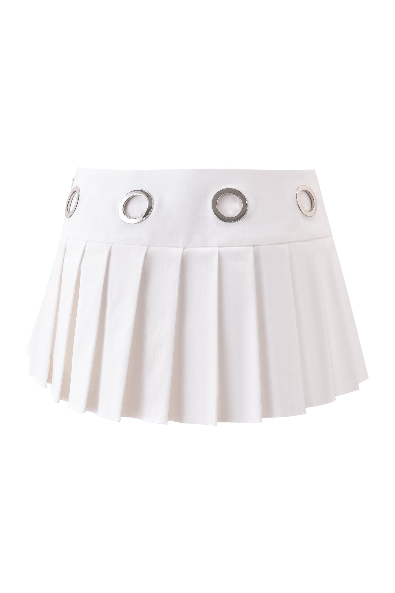 The JAYMES SKORT - WHITE by I.AM.GIA is a white mini skort with a pleated skirt design and a wide waistband featuring large silver grommets evenly spaced around the top.