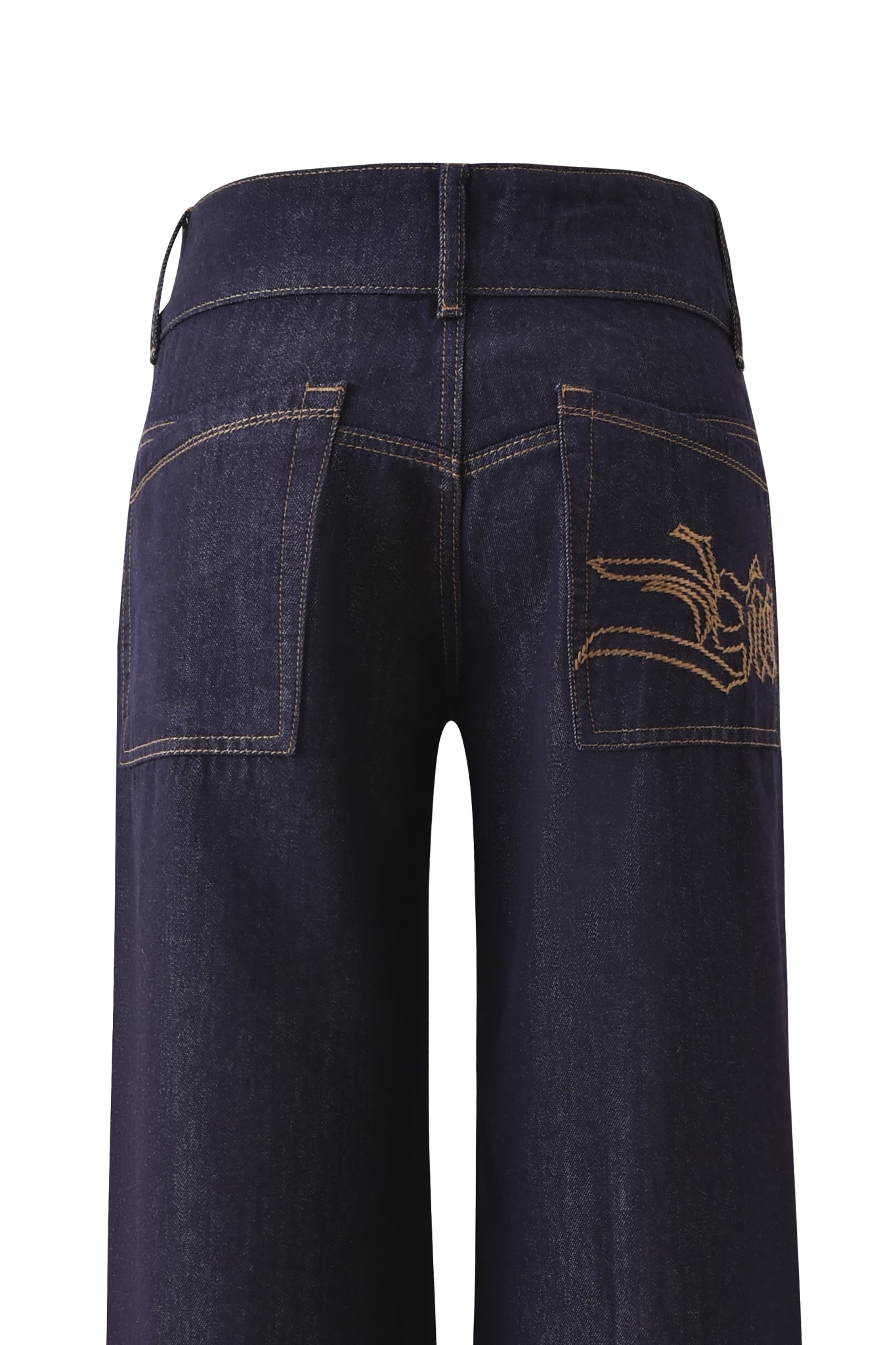 The I.AM.GIA MOXIE JEAN - INDIGO features a low-rise waist, two rear pockets with contrast stitching, and a unique embroidered design on the right pocket, all showcased in dark blue raw denim from the back view.