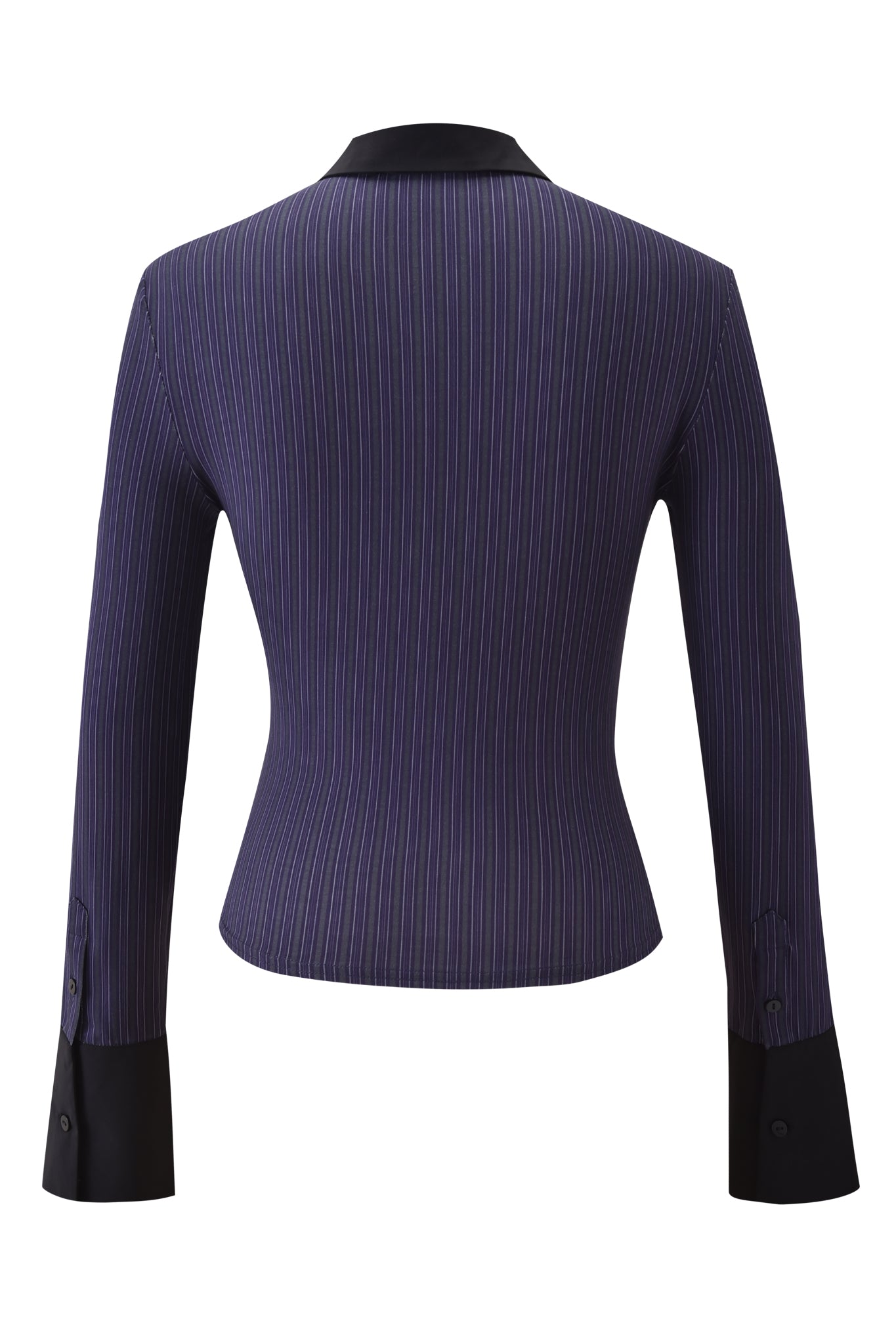 Back view of the I.AM.GIA SHARAH TOP - BLUE PINSTRIPE: a fitted, long-sleeve blazer with slim white pinstripes on dark blue, featuring black contrasting cuffs and collar.