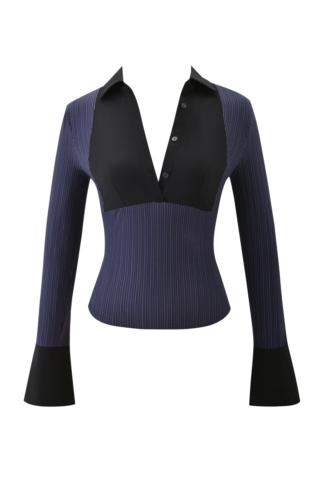 The SHARAH TOP - BLUE PINSTRIPE by I.AM.GIA showcases a bodycon fit, deep V-neck, dark buttons, and flared cuffs. Its black upper contrasts the blue pinstripe jersey bodice and sleeves for a bold look.