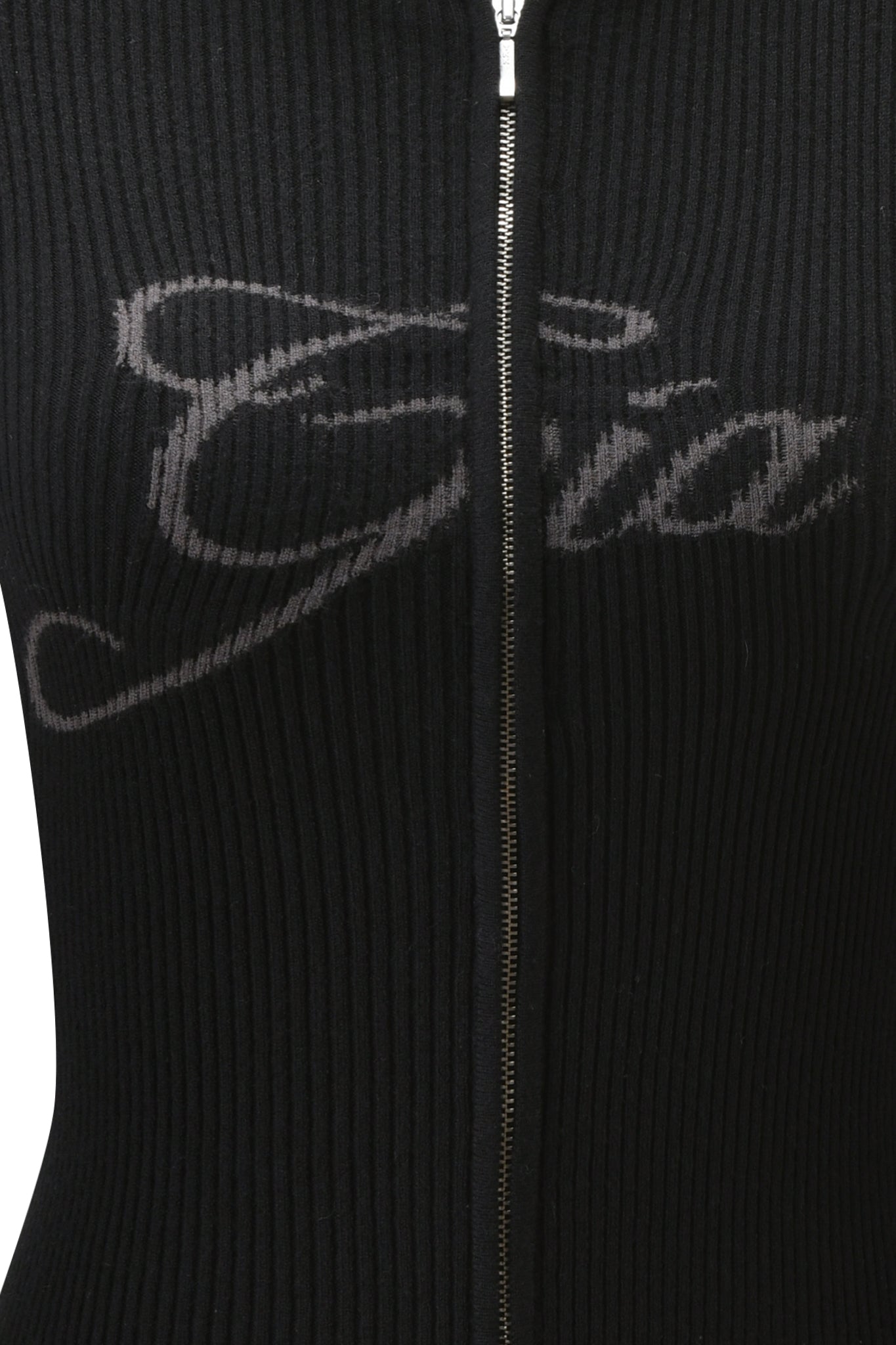 Close-up of the I.AM.GIA BLARE KNIT HOODIE - BLACK, featuring a ribbed knit design, vertical center zipper, and "Gia" in faded cursive across the chest.