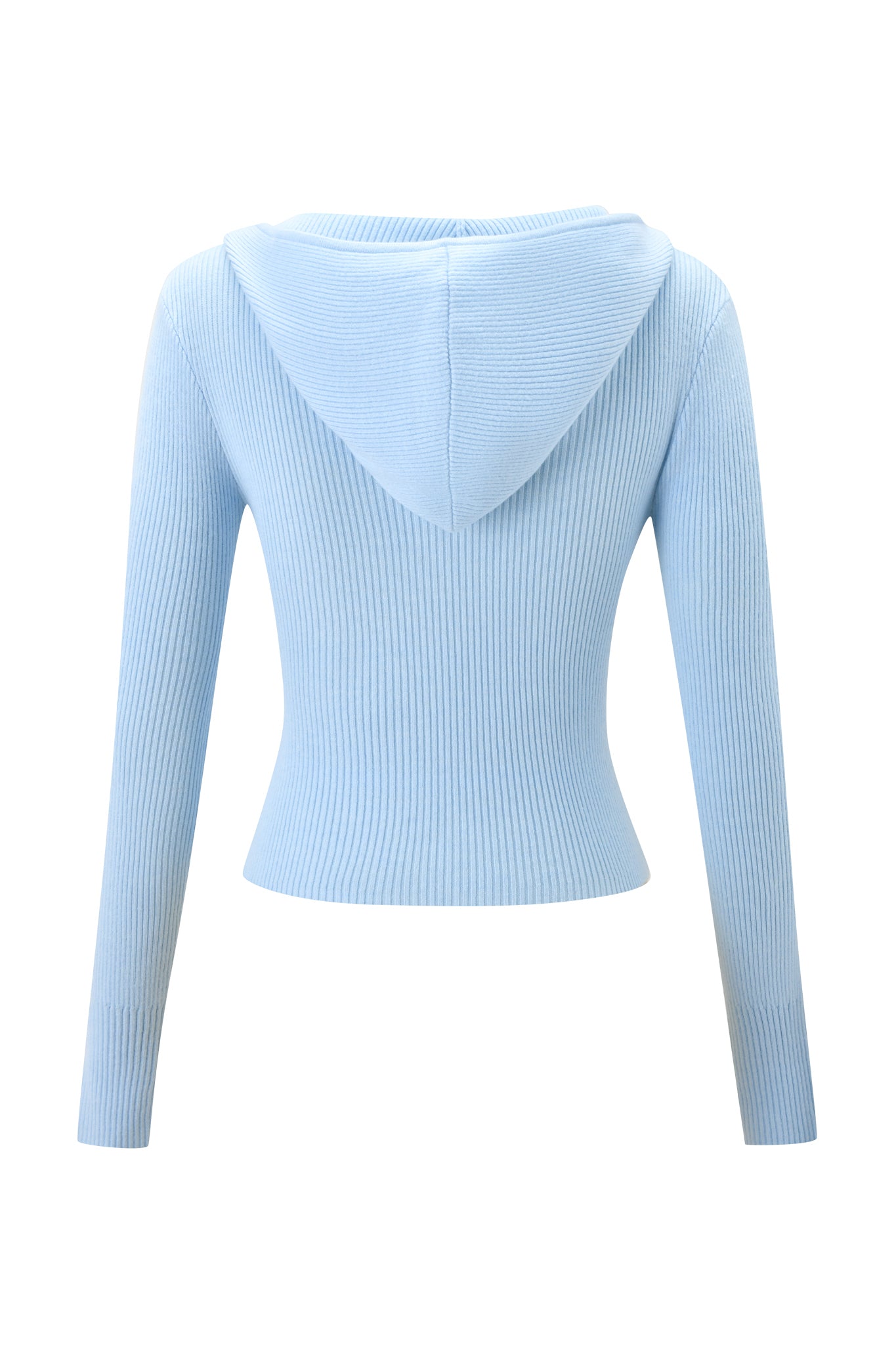 The BLARE KNIT HOODIE - BLUE by I.AM.GIA is a light blue, ribbed long-sleeve knit hoodie shown from the back, featuring a fitted waist, relaxed hood, bodycon fit, and no visible logos or patterns.