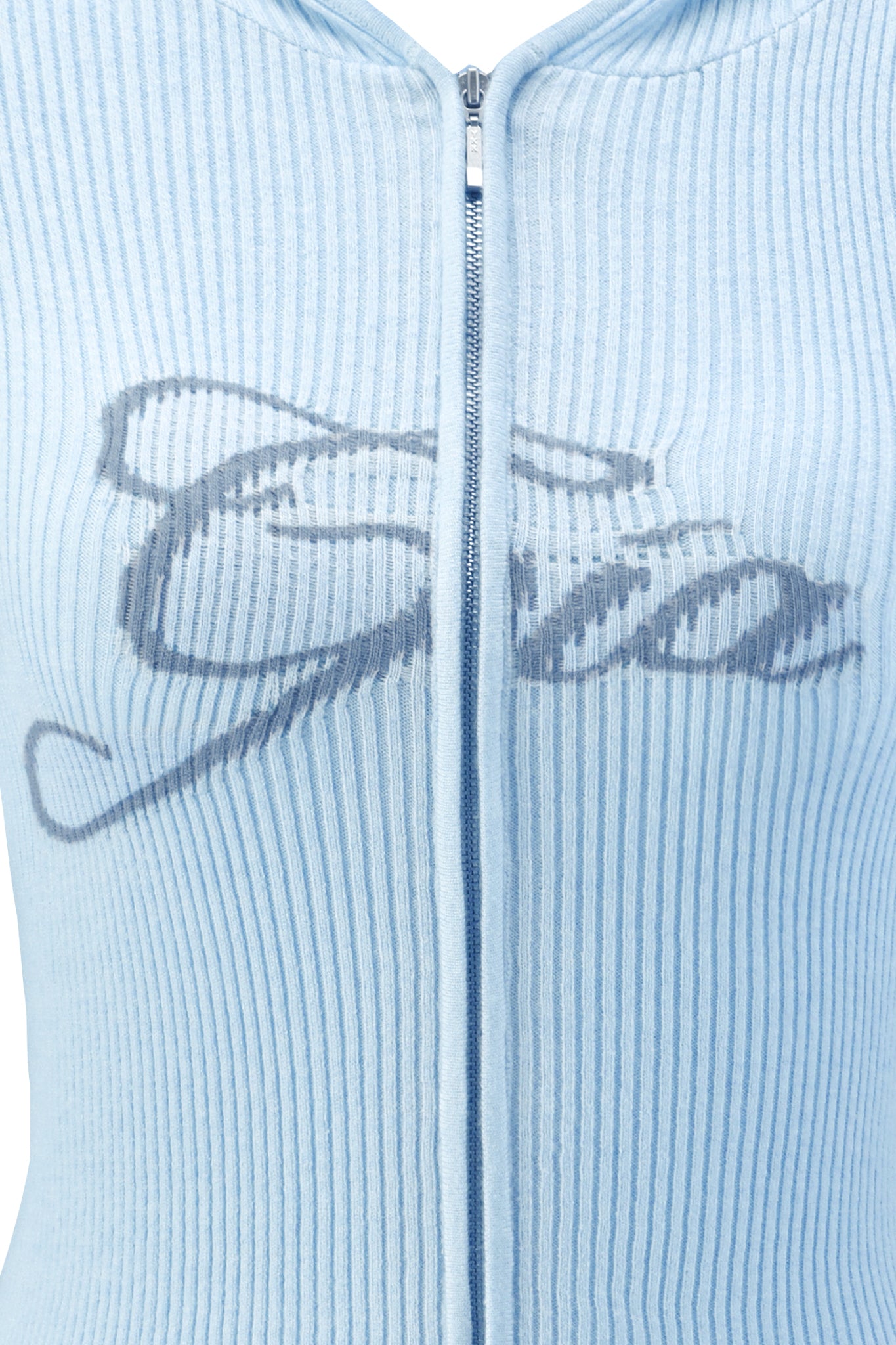 Close-up of the BLARE KNIT HOODIE - BLUE by I.AM.GIA, featuring light blue ribbed fabric, a bodycon fit, zip-up front, and a subtle gray "Gia" logo across the chest.