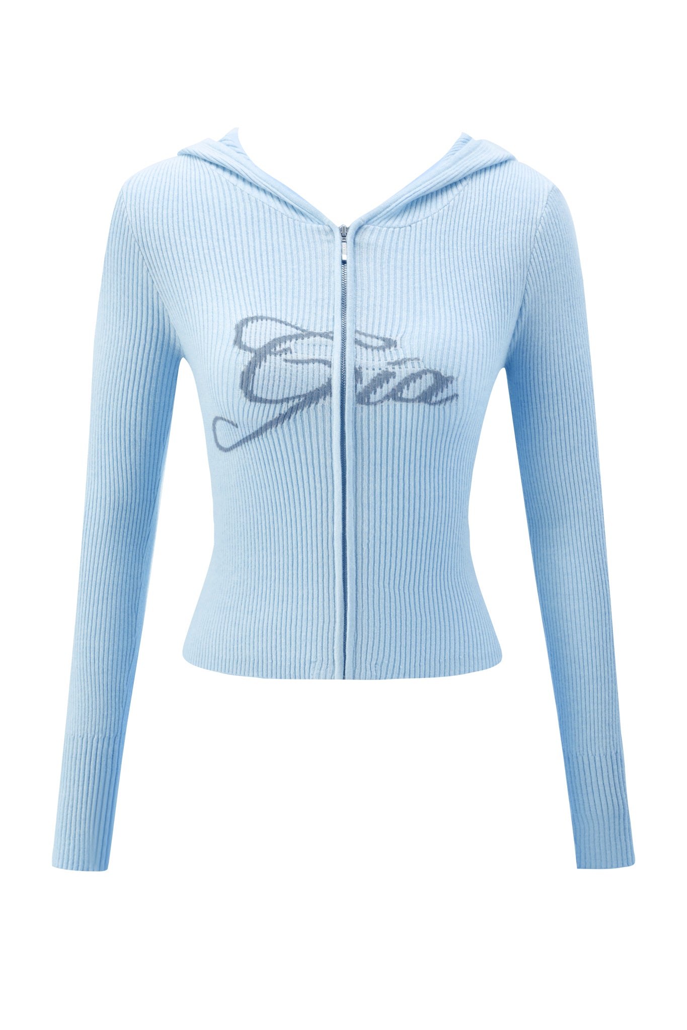 The BLARE KNIT HOODIE - BLUE by I.AM.GIA features ribbed long sleeves, a bodycon fit, zip-up front, and a hooded design with a bold dark blue "G" logo across the chest for standout style.