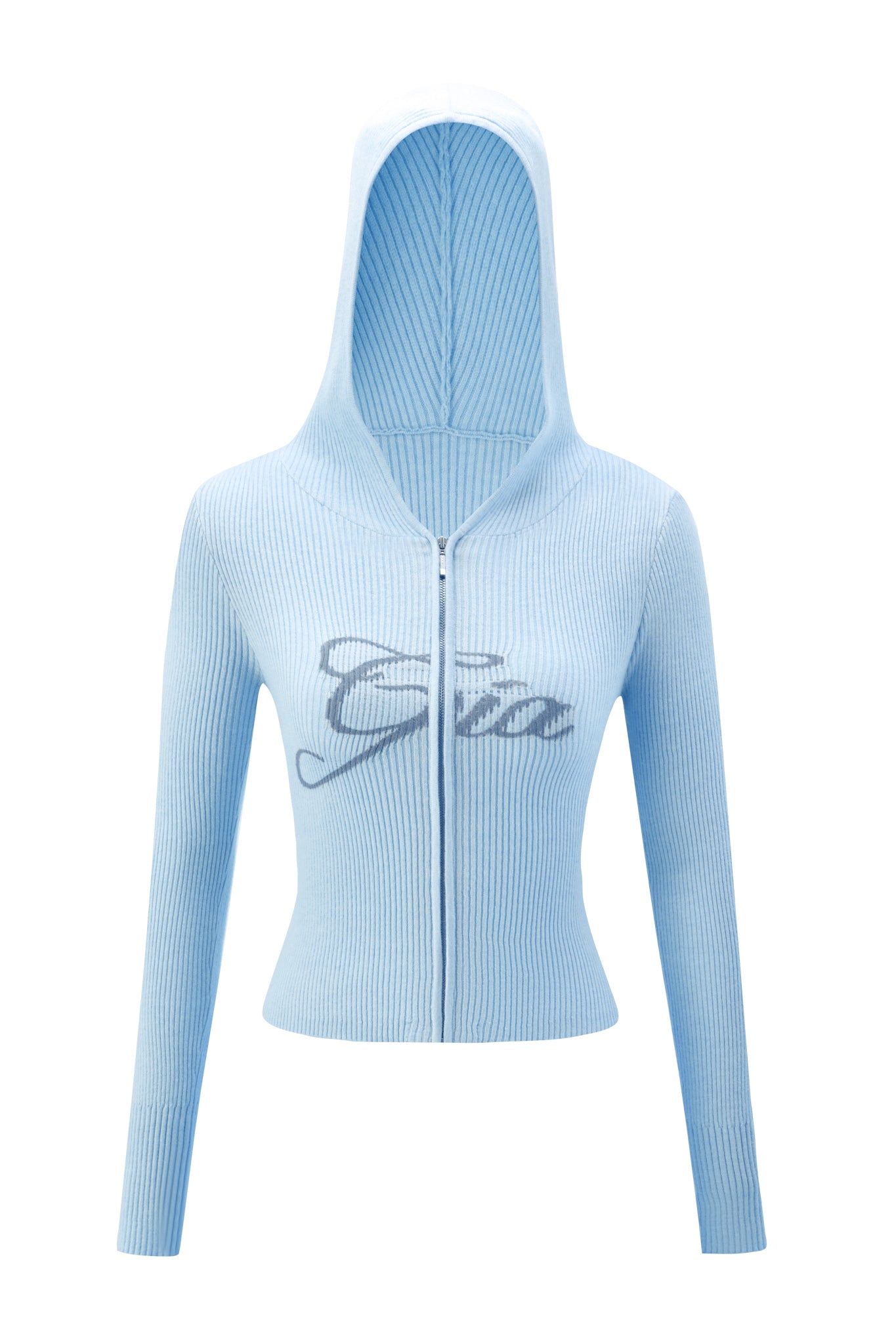 The BLARE KNIT HOODIE - BLUE by I.AM.GIA features a light blue ribbed knit, bodycon fit, long sleeves, and fitted waist. Stylized gray I.AM.GIA lettering accents the chest. Shown against a white background.